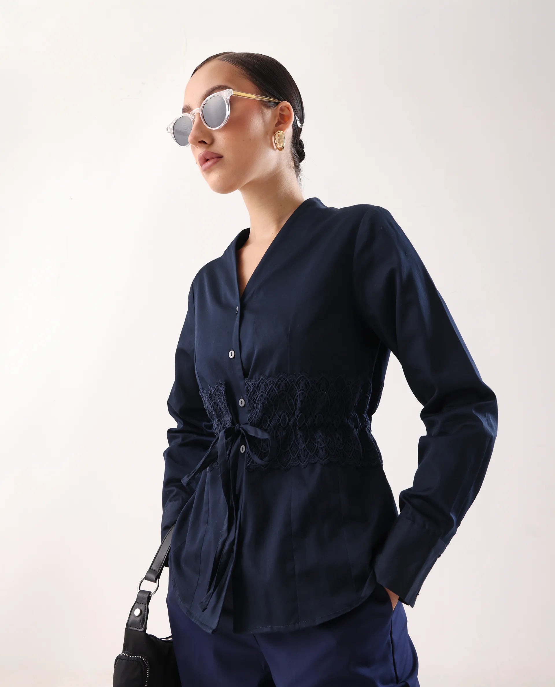 Rareism Women's Nurem Navy Cotton Cuffed Sleeve Built-Up Collar Regular Fit Plain Top