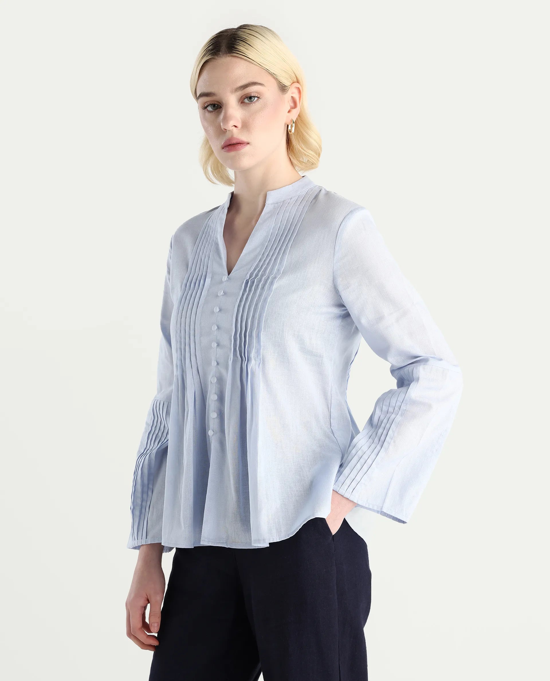 Rareism Women Nuron Blue Mandarin Collar Button Closure Relaxed Fit Plain Top