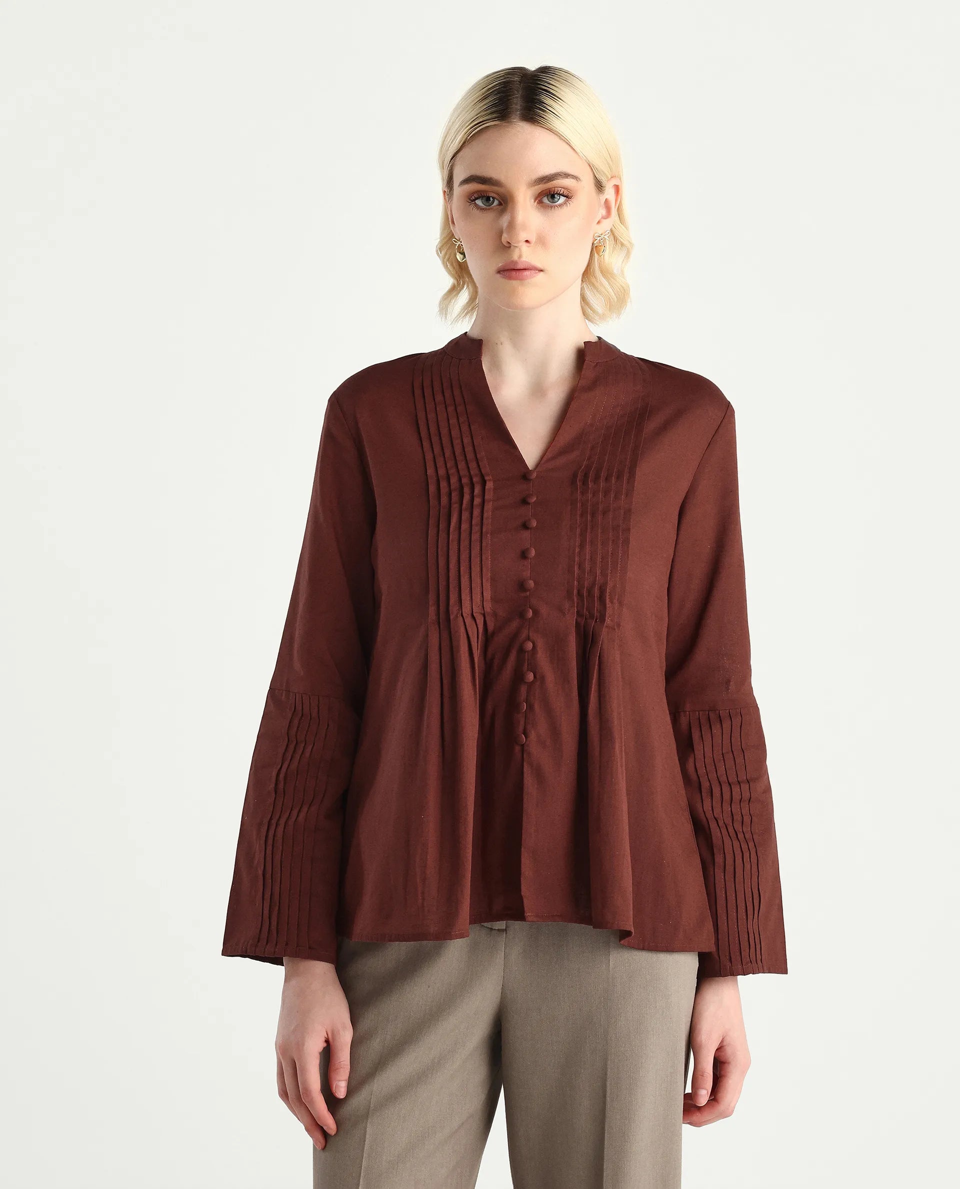 Rareism Women's Nuron Brown Cotton Blend Bell Sleeves Mandarin Collar Relaxed Fit Plain Top