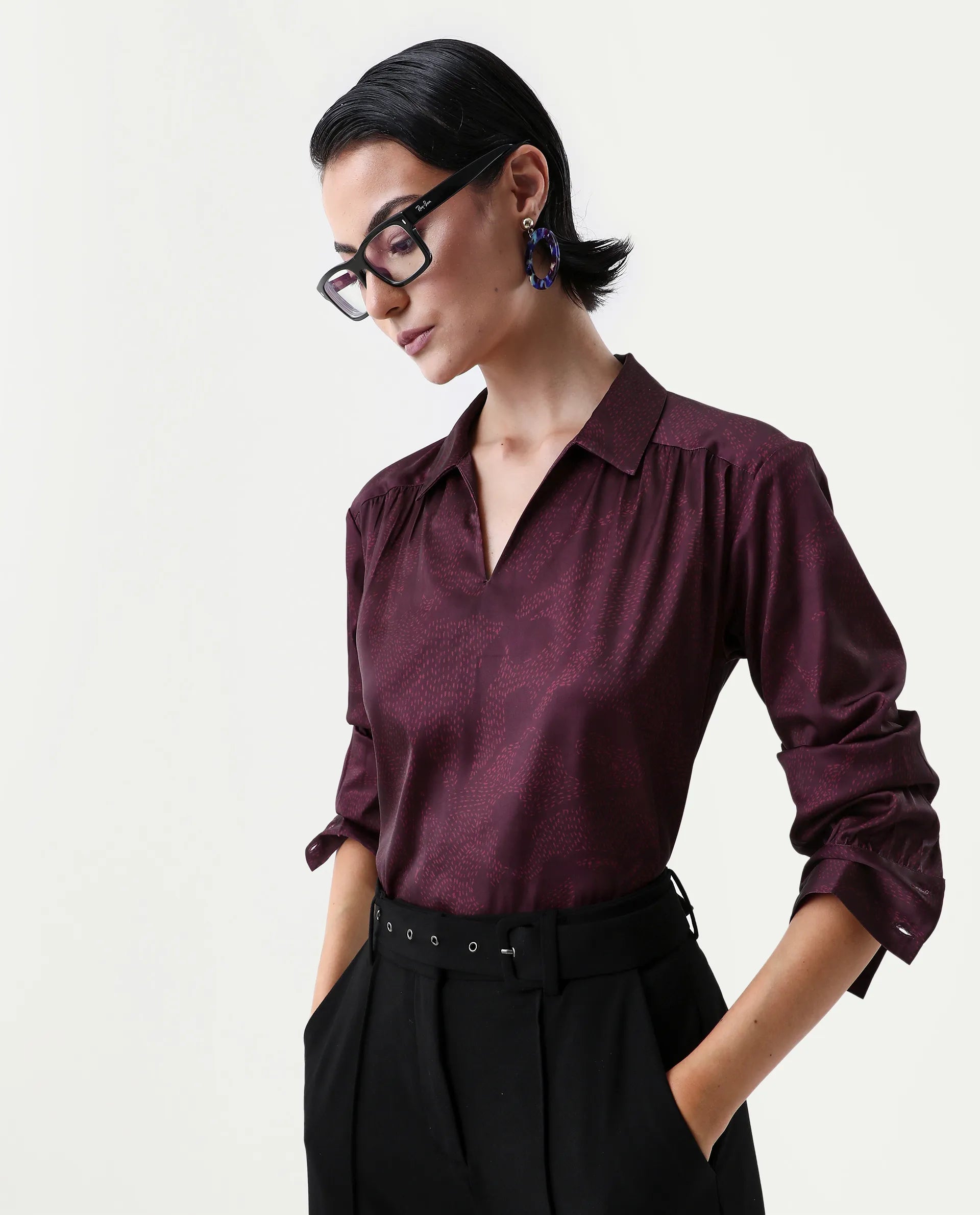 Rareism Women's Nusa Maroon Polyester Cuffed Sleeve Collared Neck Regular Fit Top