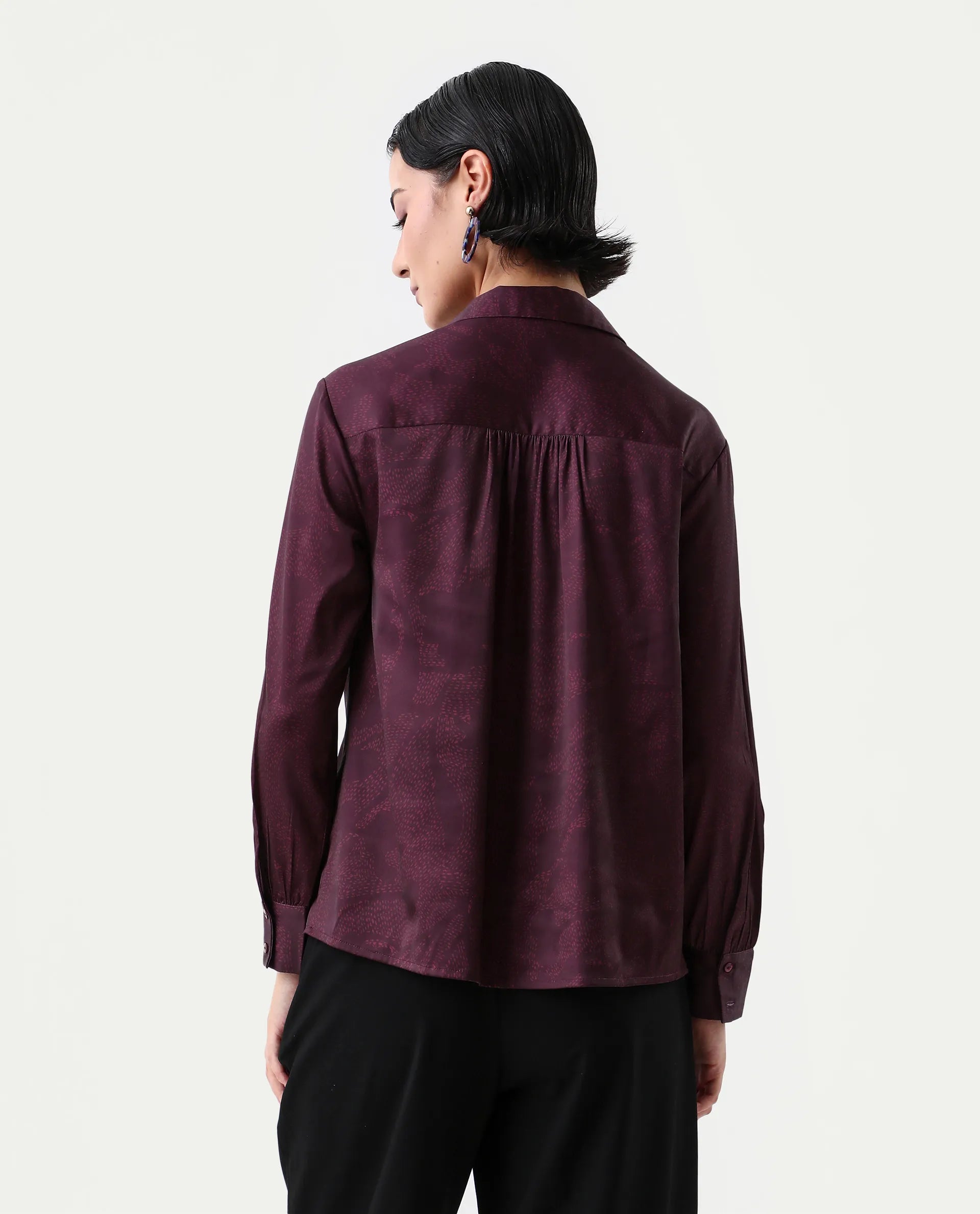 Rareism Women's Nusa Maroon Polyester Cuffed Sleeve Collared Neck Regular Fit Top