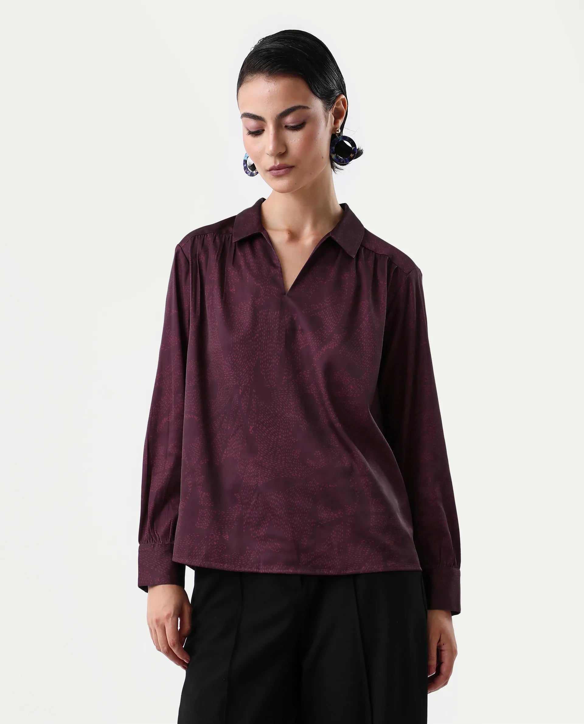 Rareism Women's Nusa Maroon Polyester Cuffed Sleeve Collared Neck Regular Fit Top