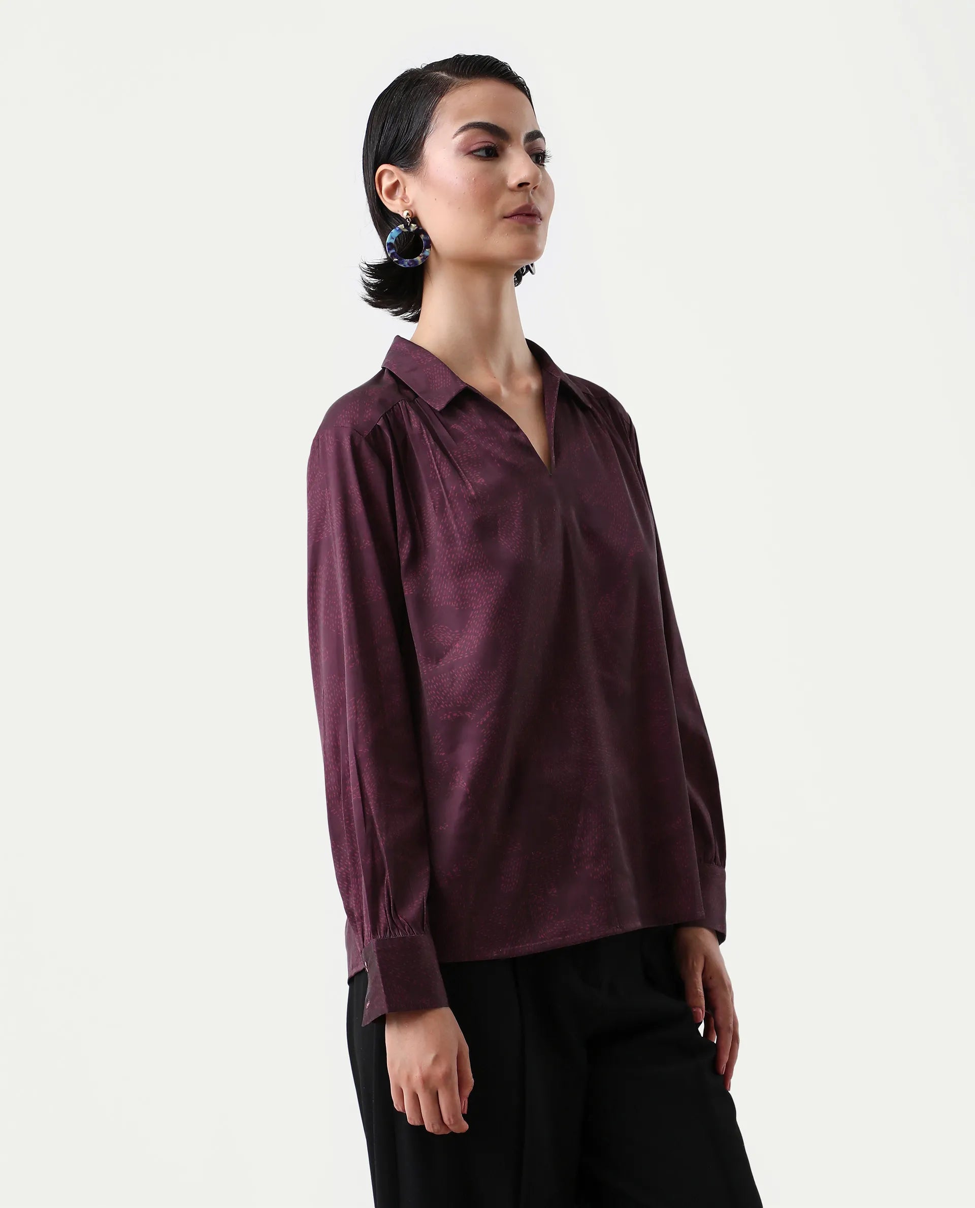 Rareism Women's Nusa Maroon Polyester Cuffed Sleeve Collared Neck Regular Fit Top