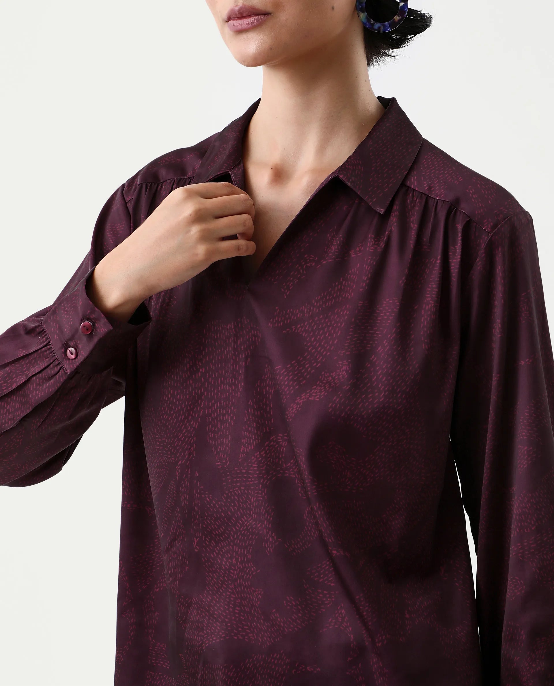 Rareism Women's Nusa Maroon Polyester Cuffed Sleeve Collared Neck Regular Fit Top
