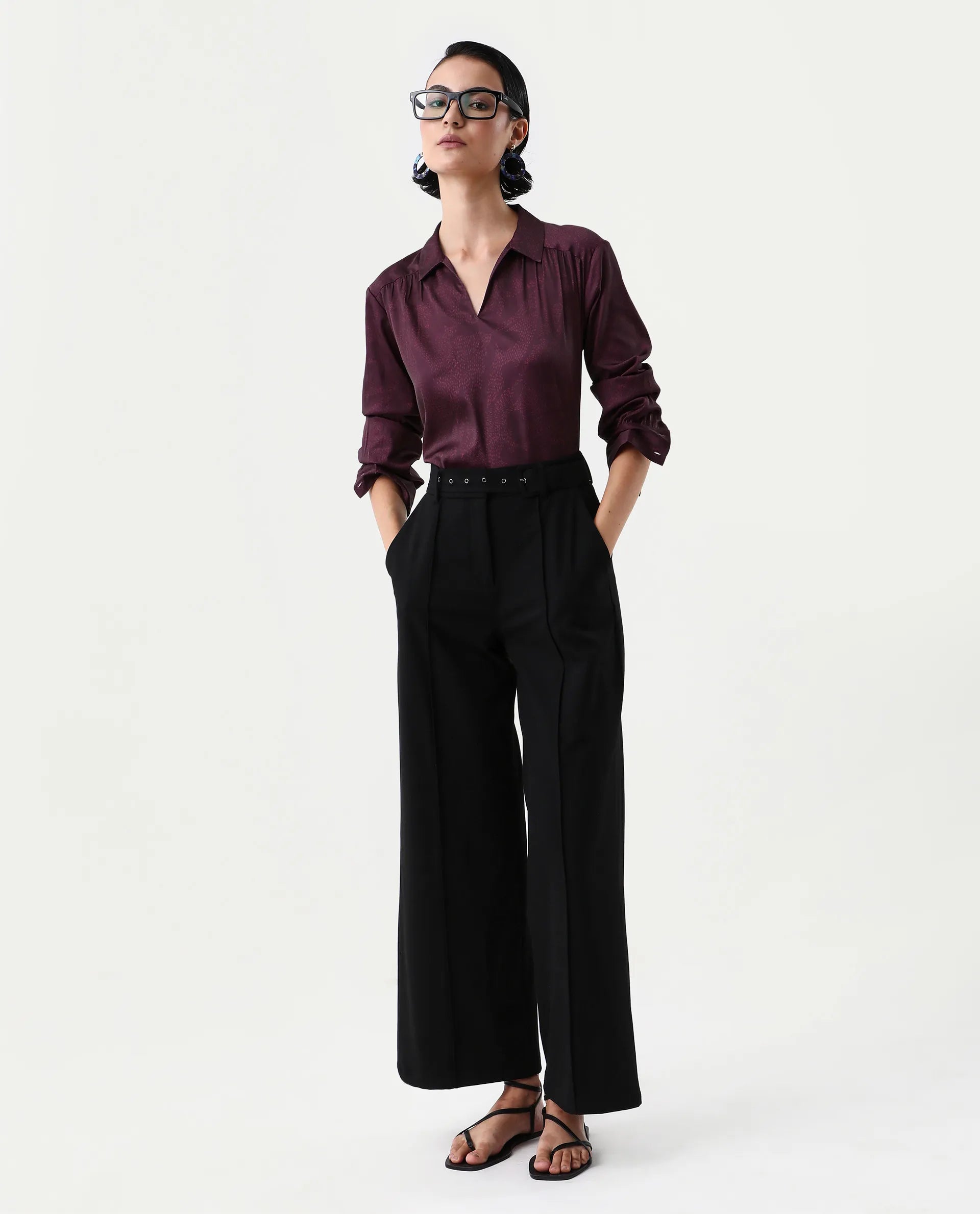 Rareism Women's Nusa Maroon Polyester Cuffed Sleeve Collared Neck Regular Fit Top