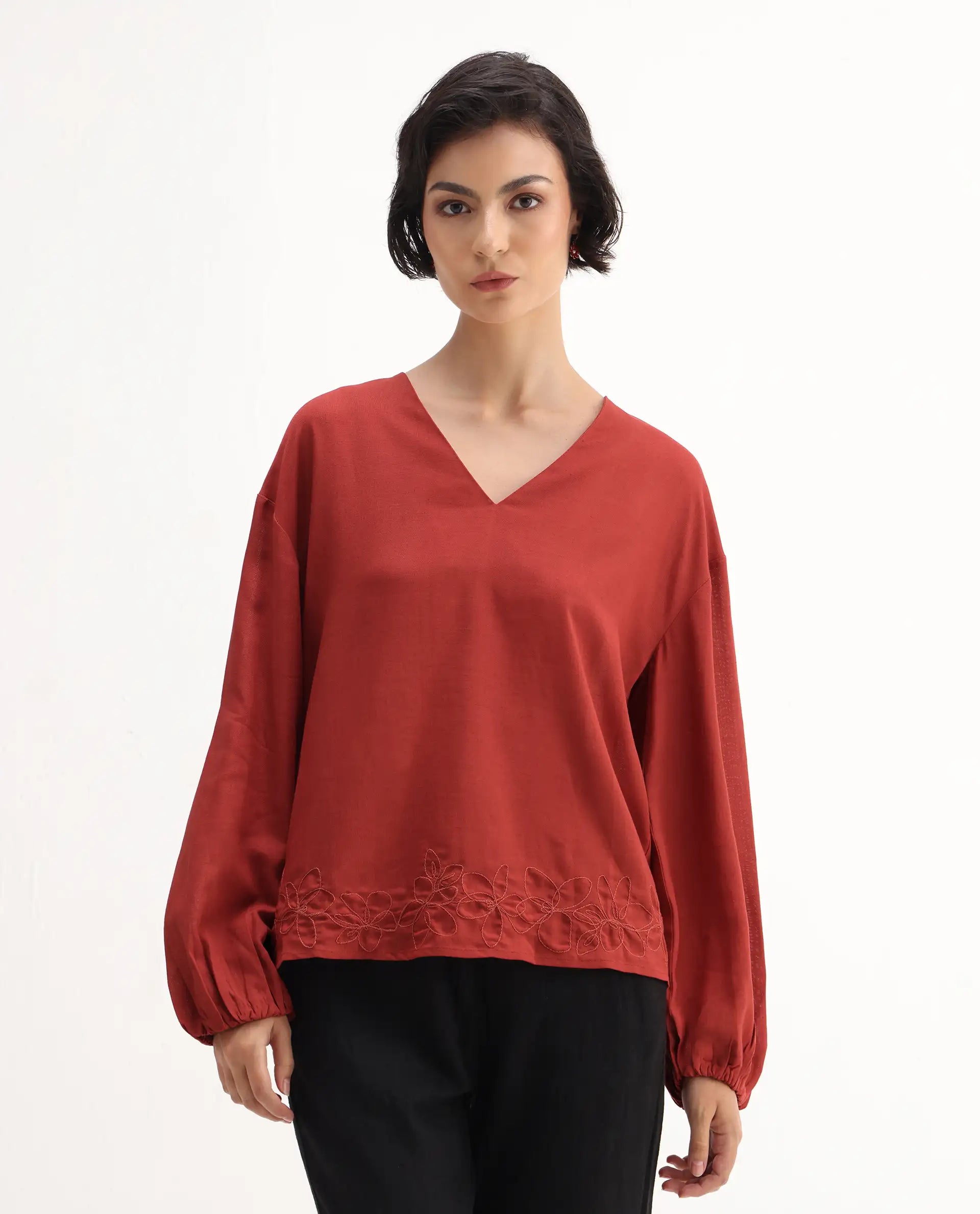 Rareism Women's Nuvix Rust Viscose Blend Bishop Sleeve V-Neck Regular Fit Plain Top