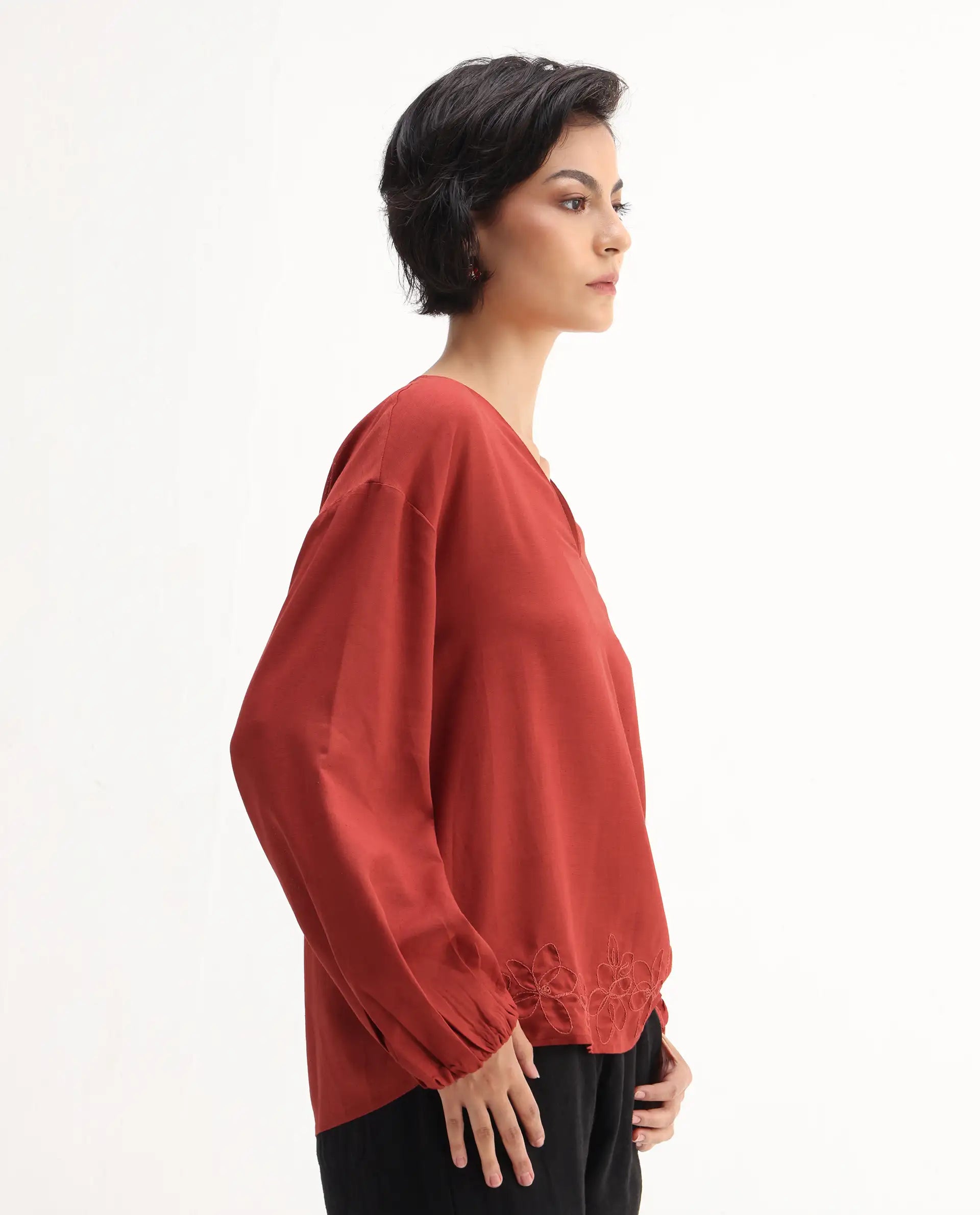 Rareism Women's Nuvix Rust Viscose Blend Bishop Sleeve V-Neck Regular Fit Plain Top