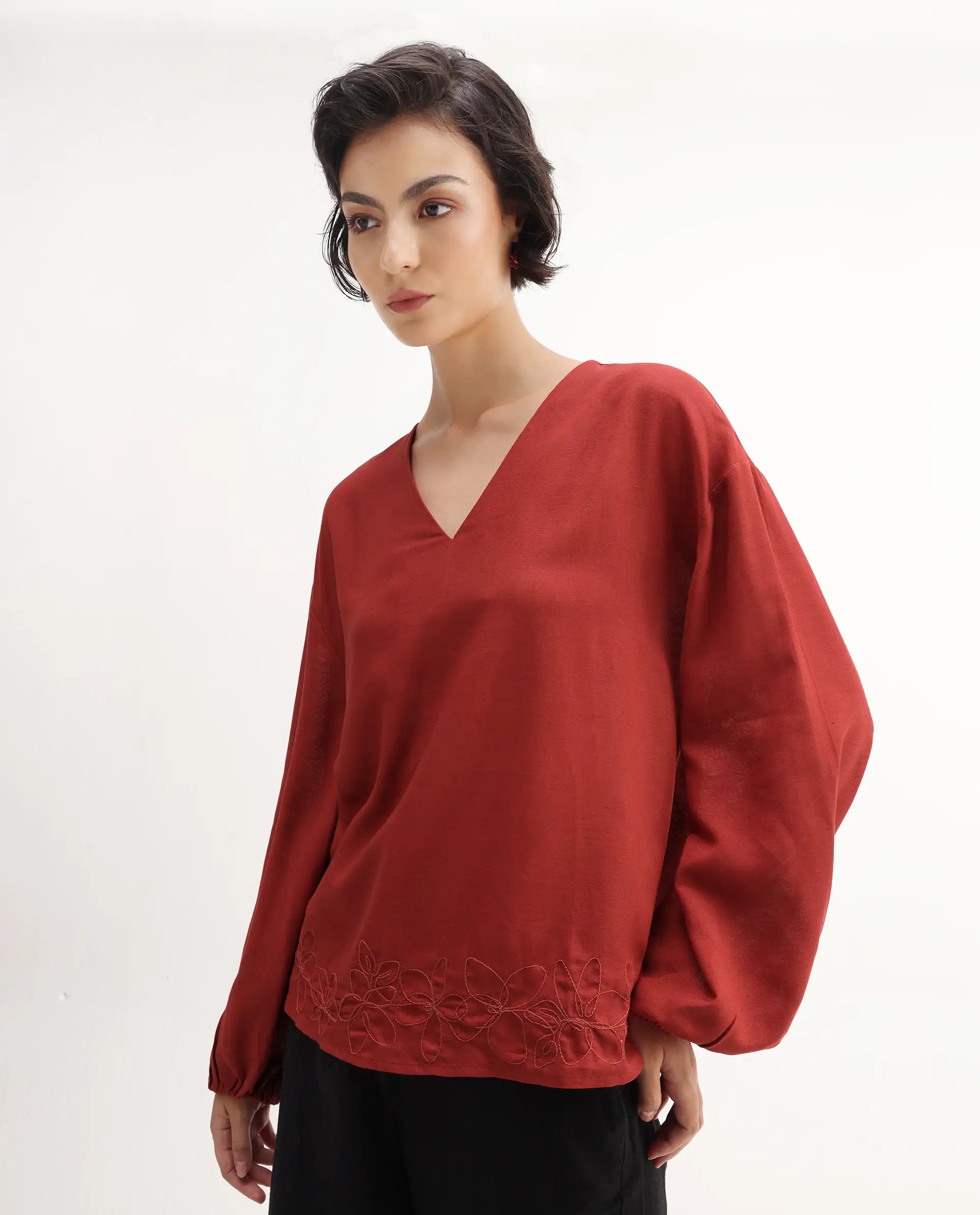 Rareism Women's Nuvix Rust Viscose Blend Bishop Sleeve V-Neck Regular Fit Plain Top