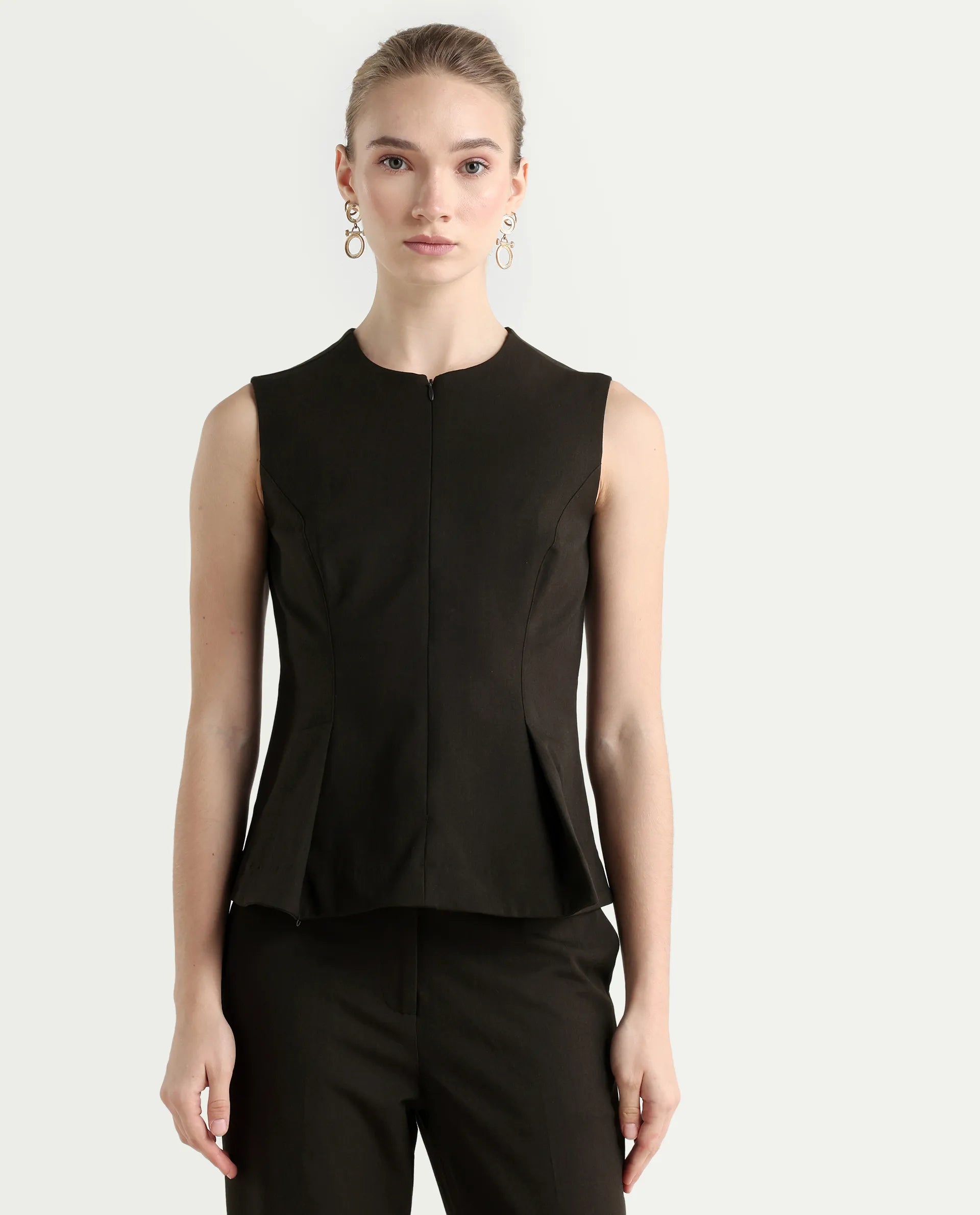 Rareism Woman Nuzor-T Dark Brown Polyester Blend Solid Fitted Top
