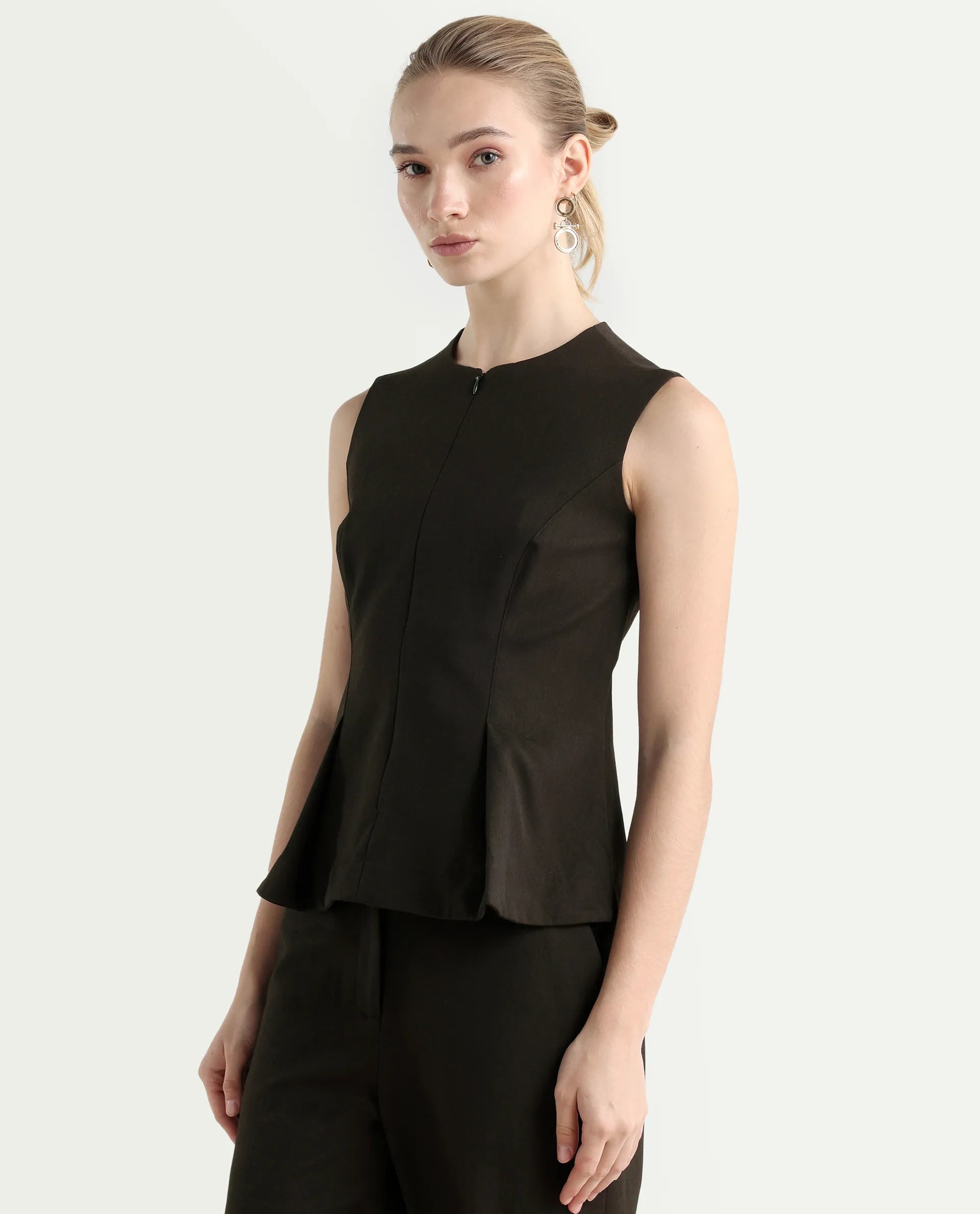 Rareism Woman Nuzor-T Dark Brown Polyester Blend Solid Fitted Top