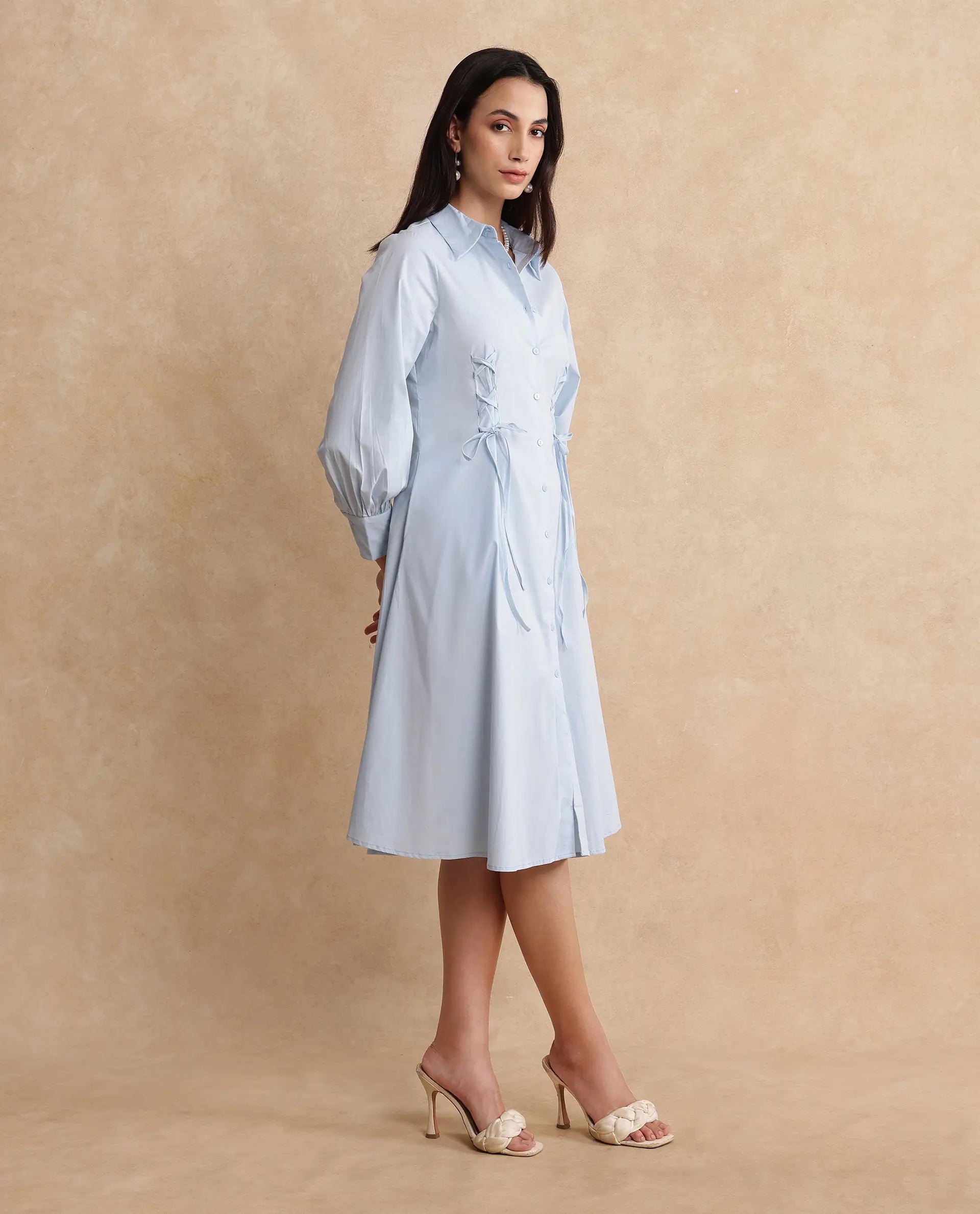Rareism Women Nysom Light Blue Cotton Blend Fabric Bishop Sleeve Collared Neck Button Closure Fit And Flare Midi Plain Dress