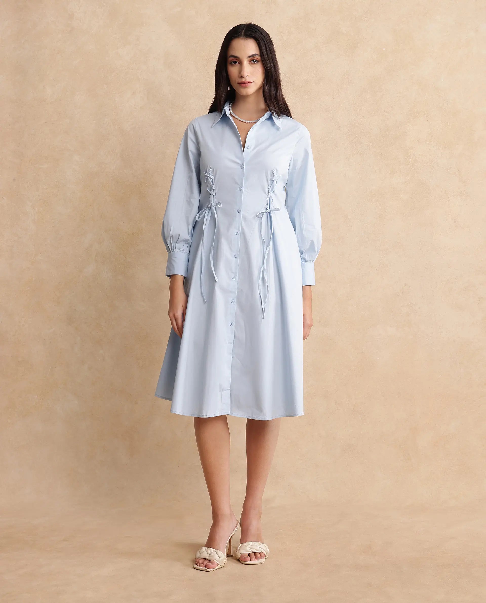 Rareism Women Nysom Light Blue Cotton Blend Fabric Bishop Sleeve Collared Neck Button Closure Fit And Flare Midi Plain Dress
