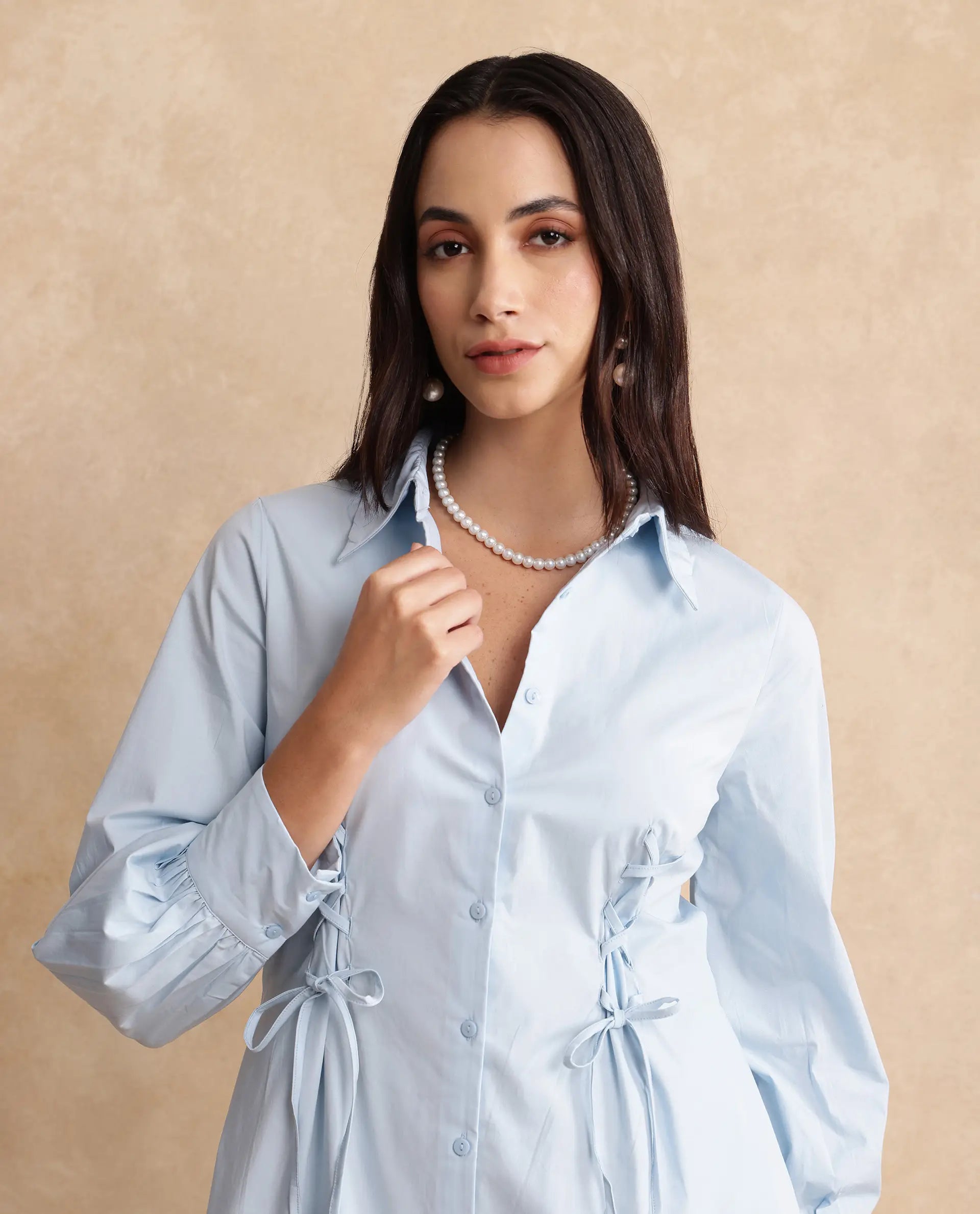 Rareism Women Nysom Light Blue Cotton Blend Fabric Bishop Sleeve Collared Neck Button Closure Fit And Flare Midi Plain Dress