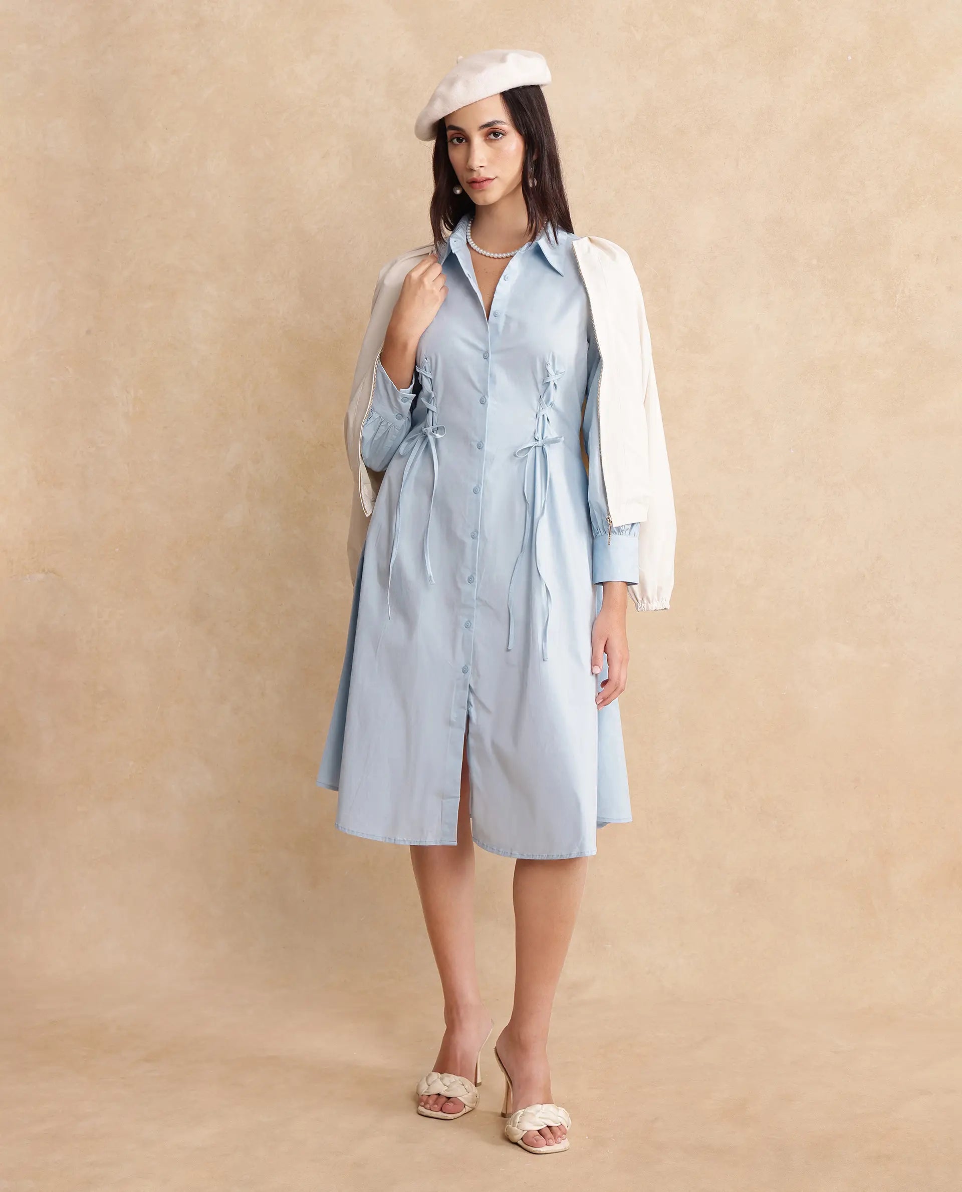 Rareism Women Nysom Light Blue Cotton Blend Fabric Bishop Sleeve Collared Neck Button Closure Fit And Flare Midi Plain Dress