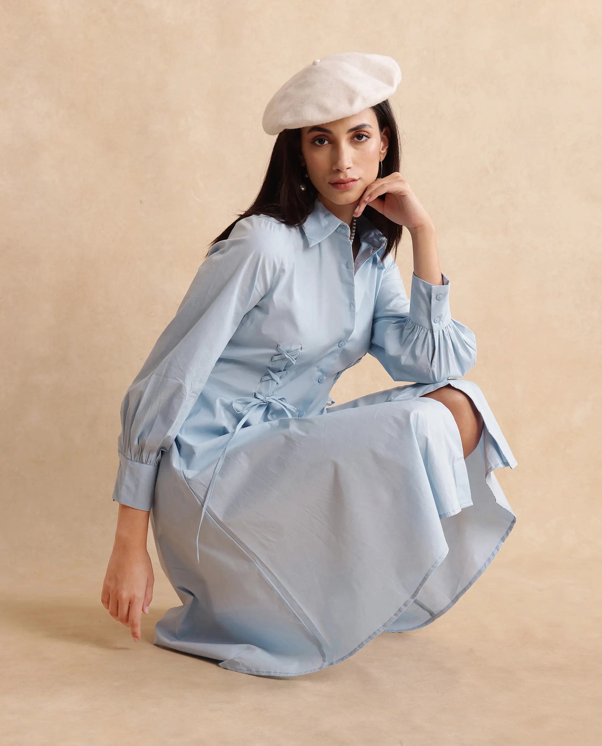 Rareism Women Nysom Light Blue Cotton Blend Fabric Bishop Sleeve Collared Neck Button Closure Fit And Flare Midi Plain Dress
