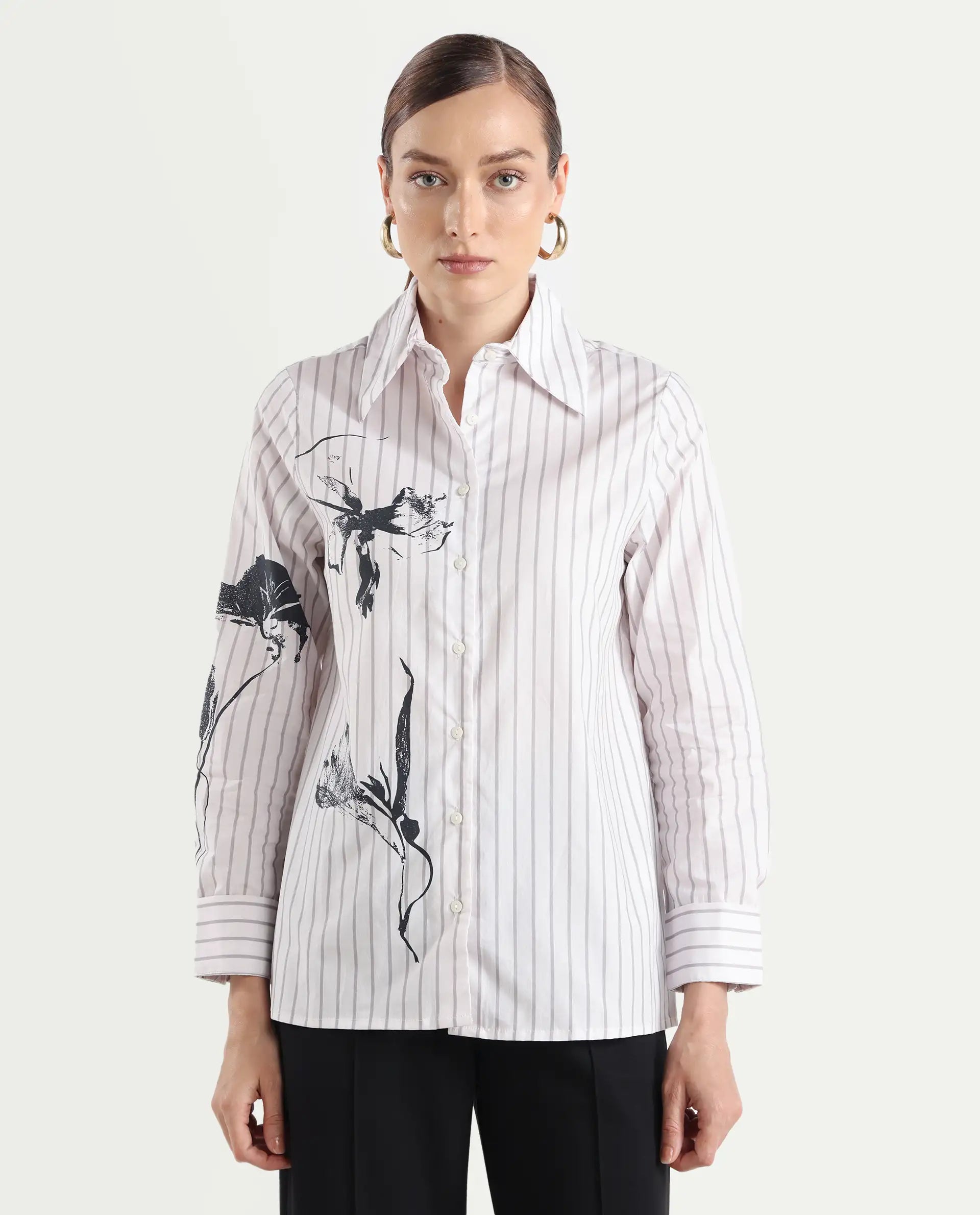 Rareism Women's Nzingat White Cotton Spread Collar Floral Print Cuffed Sleeve Regular Fit Shirt