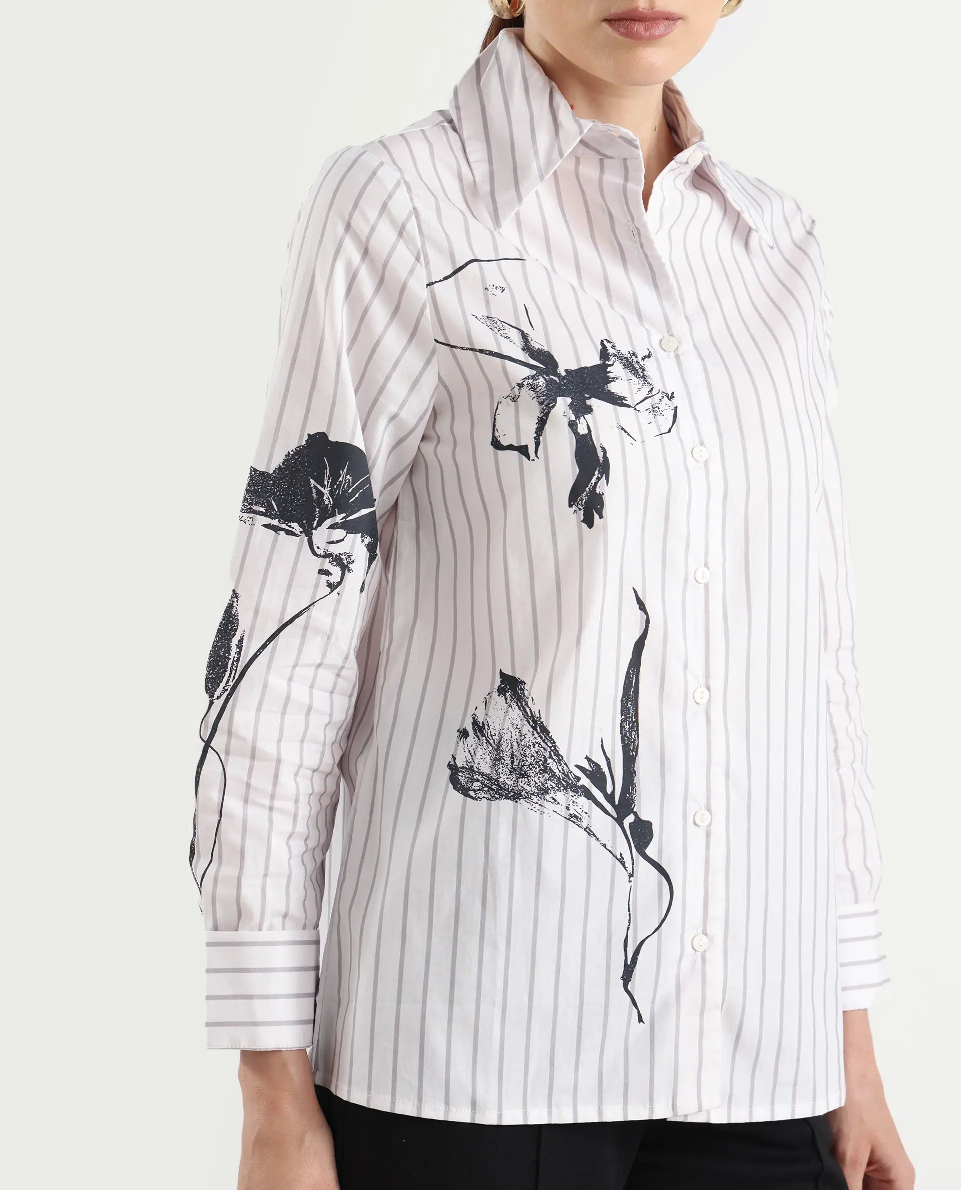 Rareism Women's Nzingat White Cotton Spread Collar Floral Print Cuffed Sleeve Regular Fit Shirt