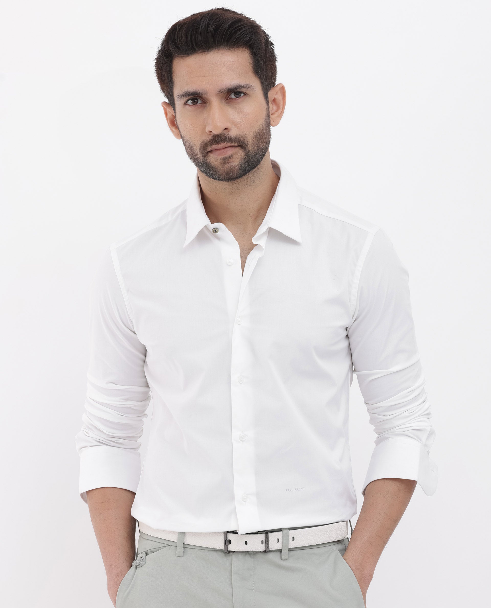 Rare Rabbit Men's Neutron-8 White Cotton Polyester Fabric Full Sleeves Solid Shirt