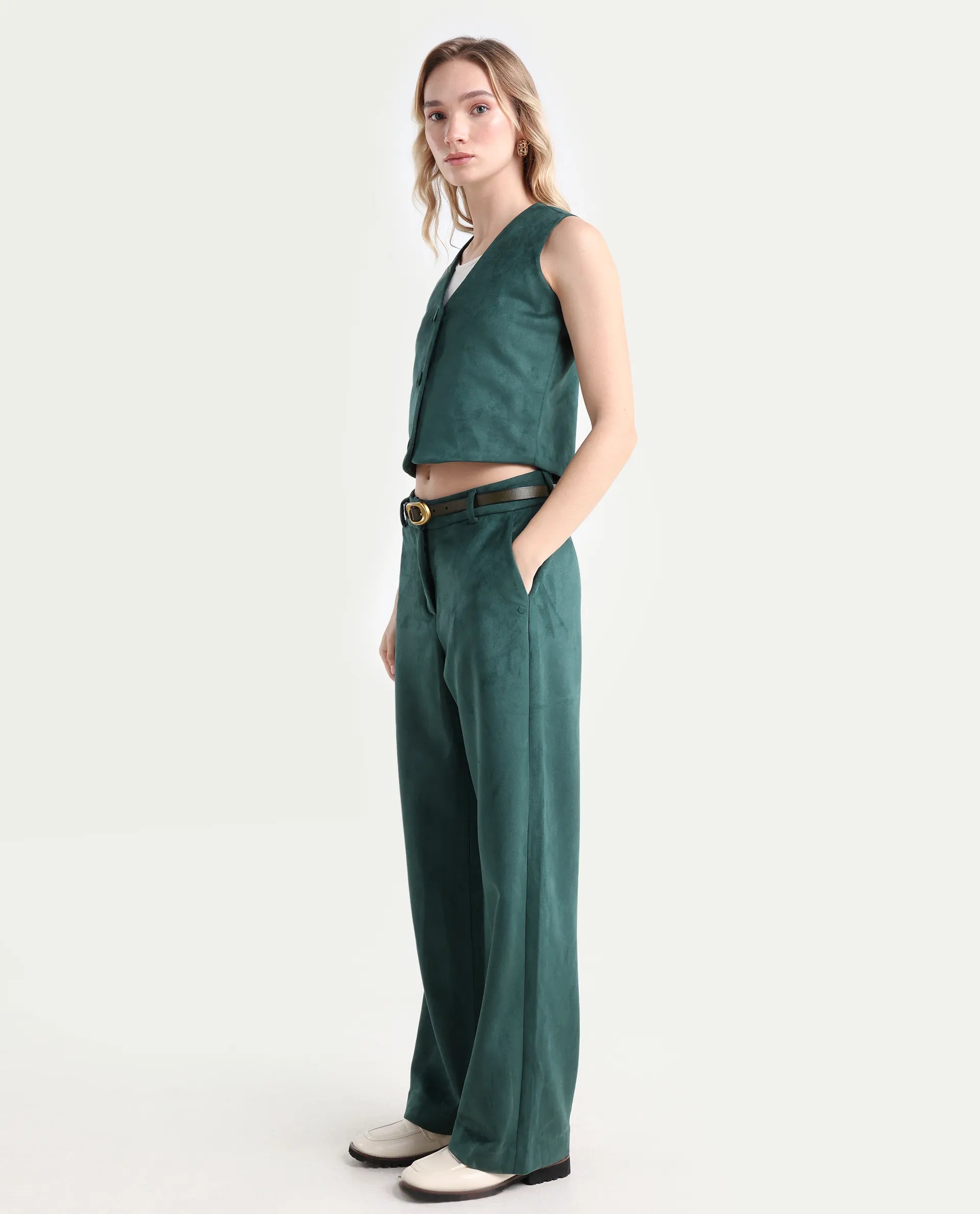 Rareism Women's Niwast-B Green Polyester Blend Straight Fit Travel Trouser