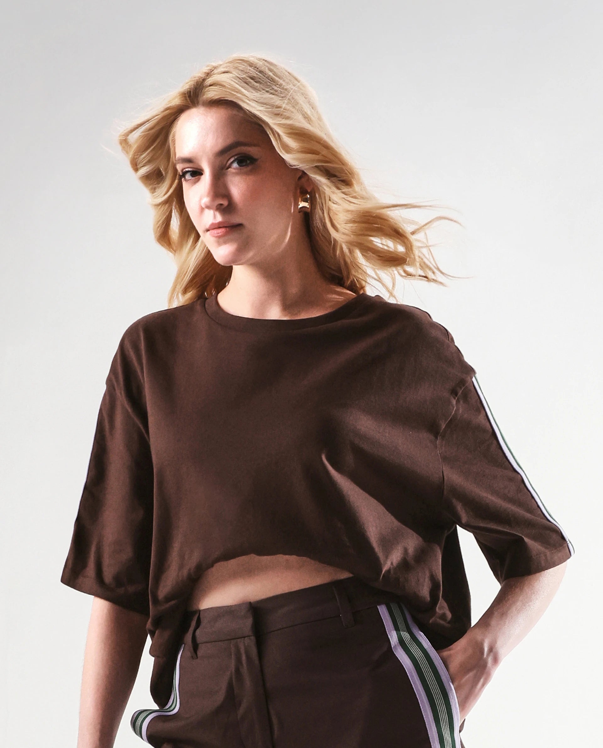 Rareism Women's Nonwen T Brown Polyester Blend Crew Neck Striped Oversized T-Shirt