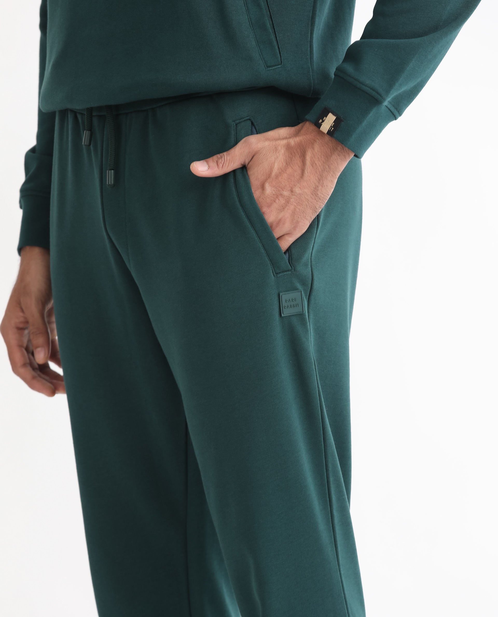 Rare Rabbit Mens Oza Dark Green Cotton Polyester Fabric Drawstring Closure Regular Fit Mid Rise Trackpant