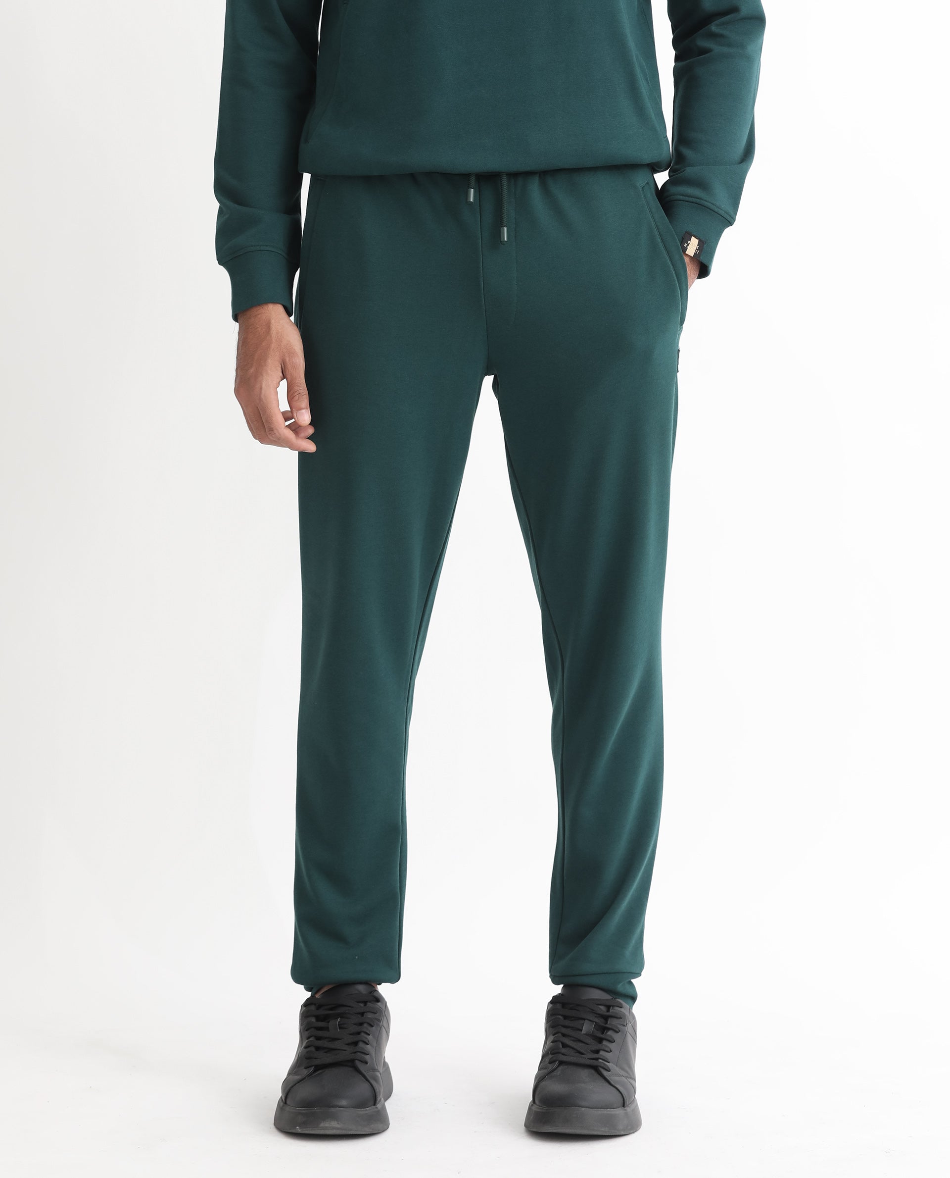 Rare Rabbit Mens Oza Dark Green Cotton Polyester Fabric Drawstring Closure Regular Fit Mid Rise Trackpant