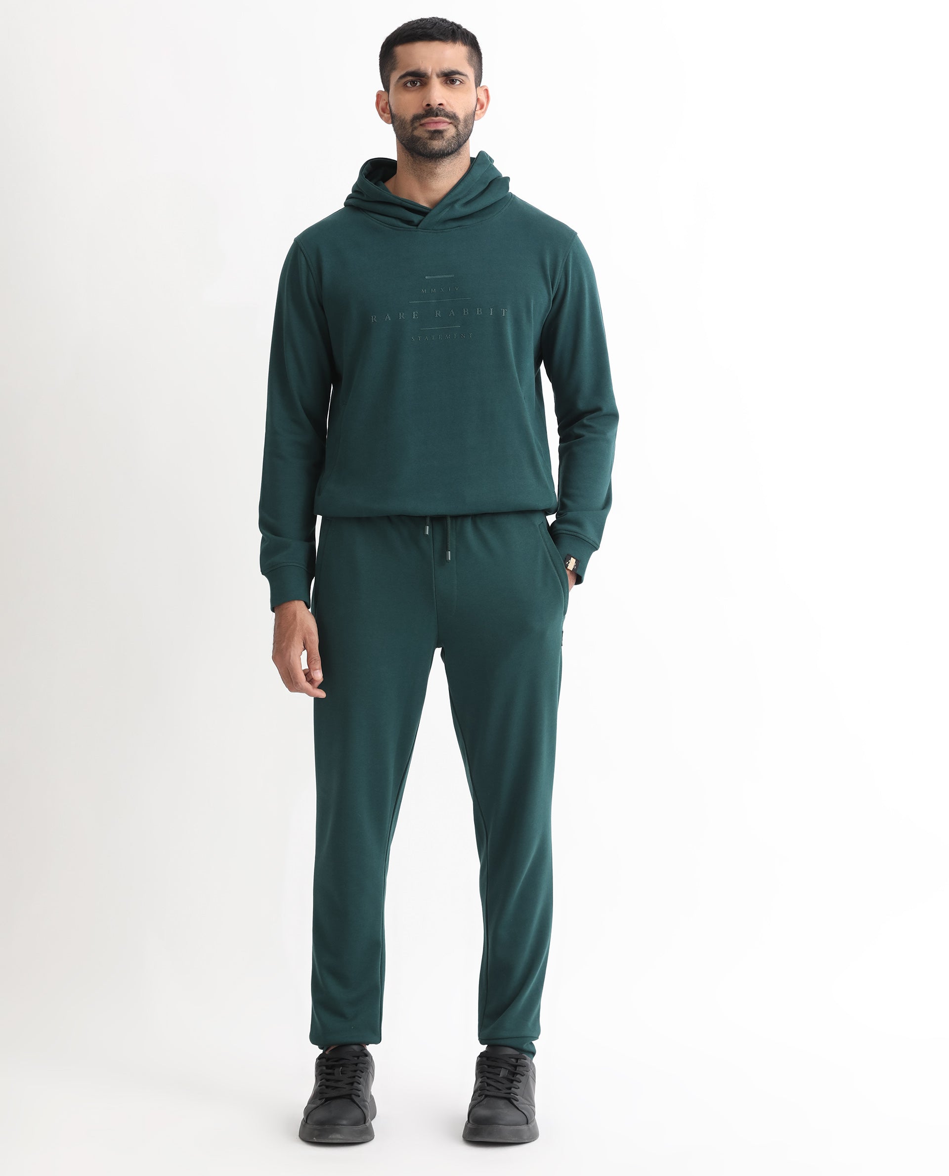 Rare Rabbit Mens Oza Dark Green Cotton Polyester Fabric Drawstring Closure Regular Fit Mid Rise Trackpant