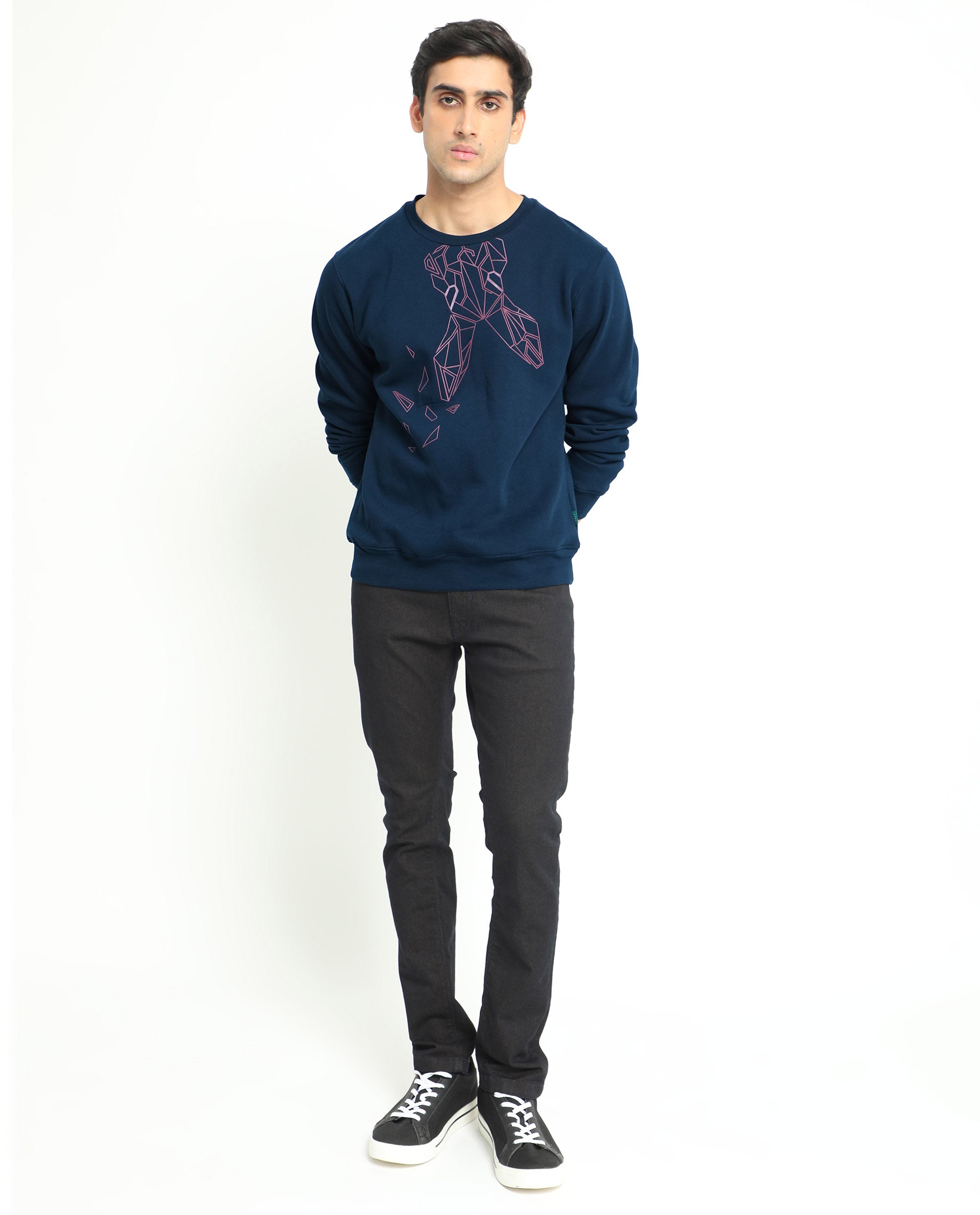 Rare Rabbit Men's Oakk Navy Full Sleeves Graphic Logo Print Sweatshirt