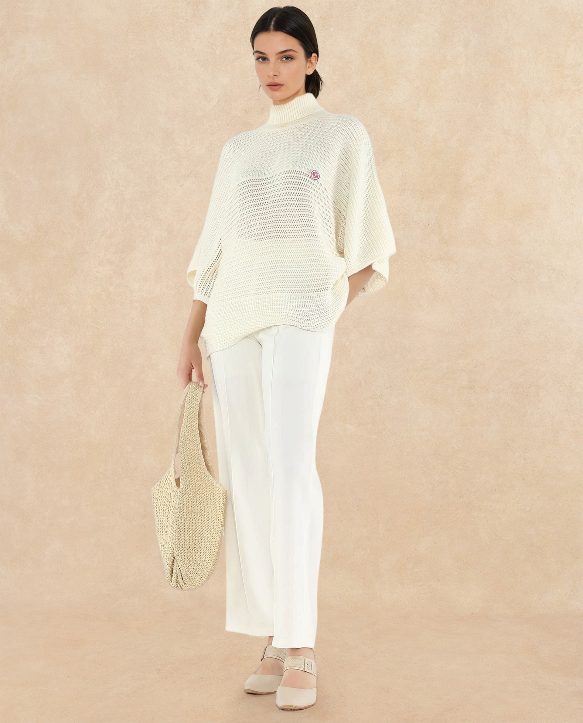 Rareism Women Oaklen Off White Acrylic Fabric Oversized Fit Plain Sweater