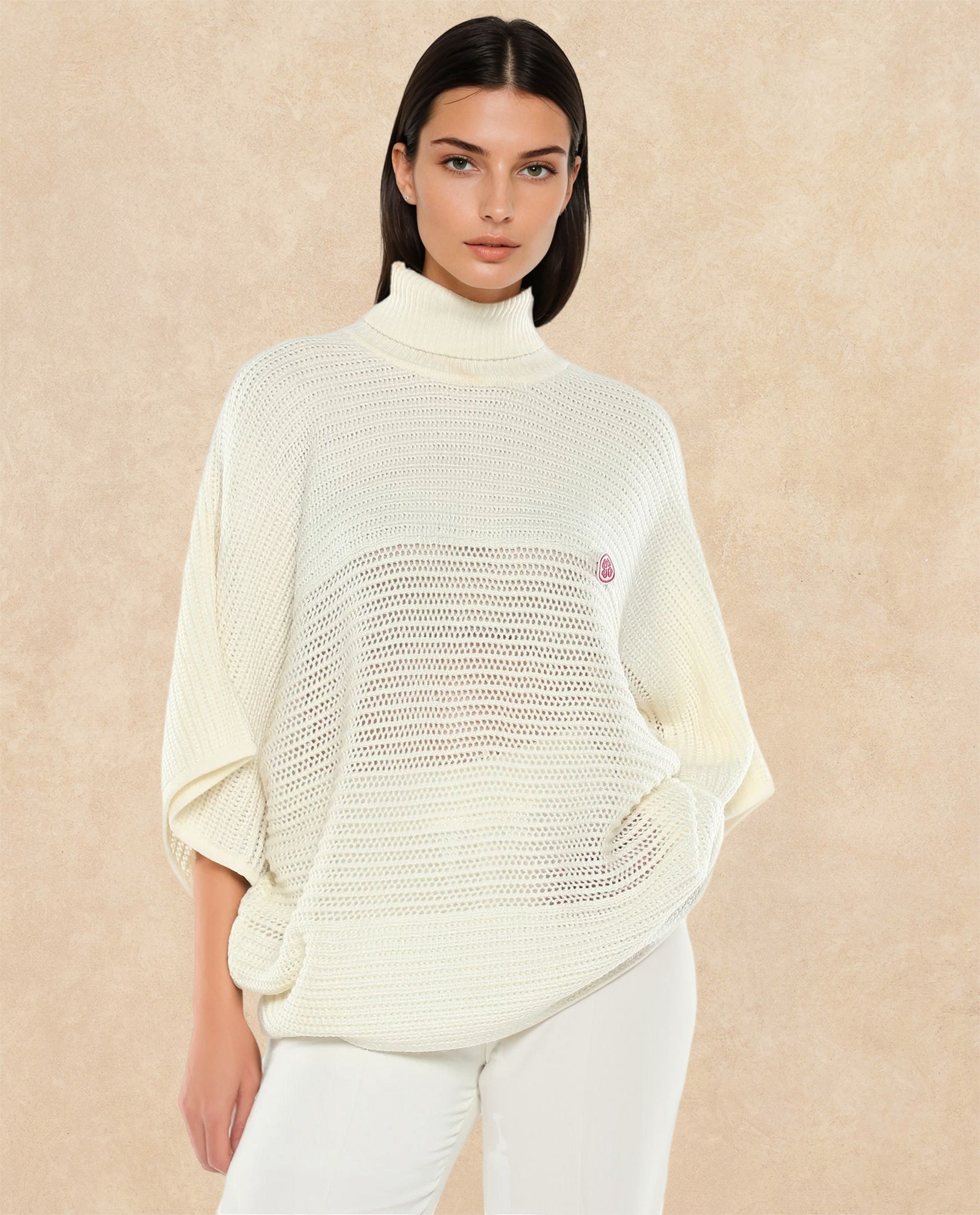 Rareism Women Oaklen Off White Acrylic Fabric Oversized Fit Plain Sweater