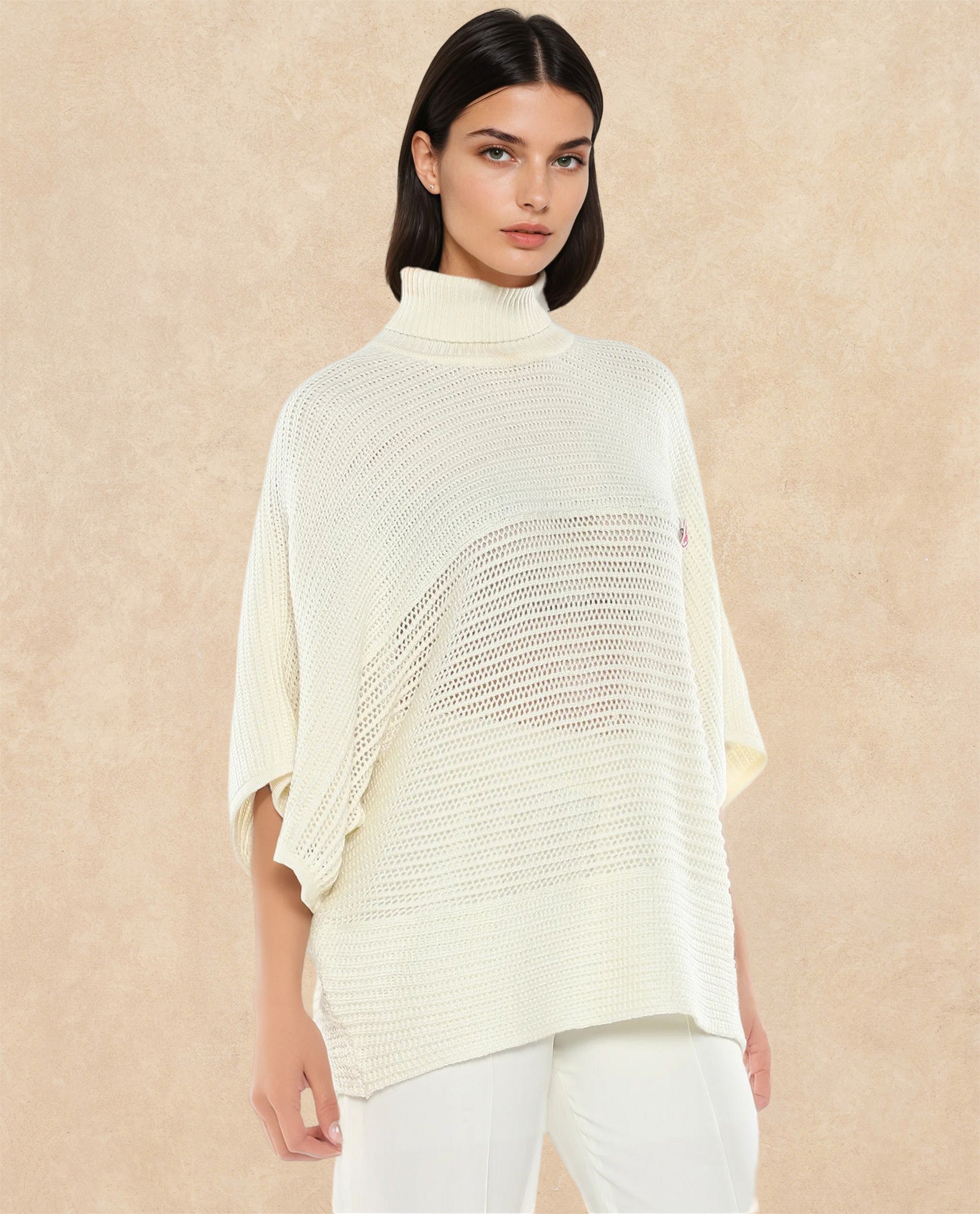 Rareism Women Oaklen Off White Acrylic Fabric Oversized Fit Plain Sweater