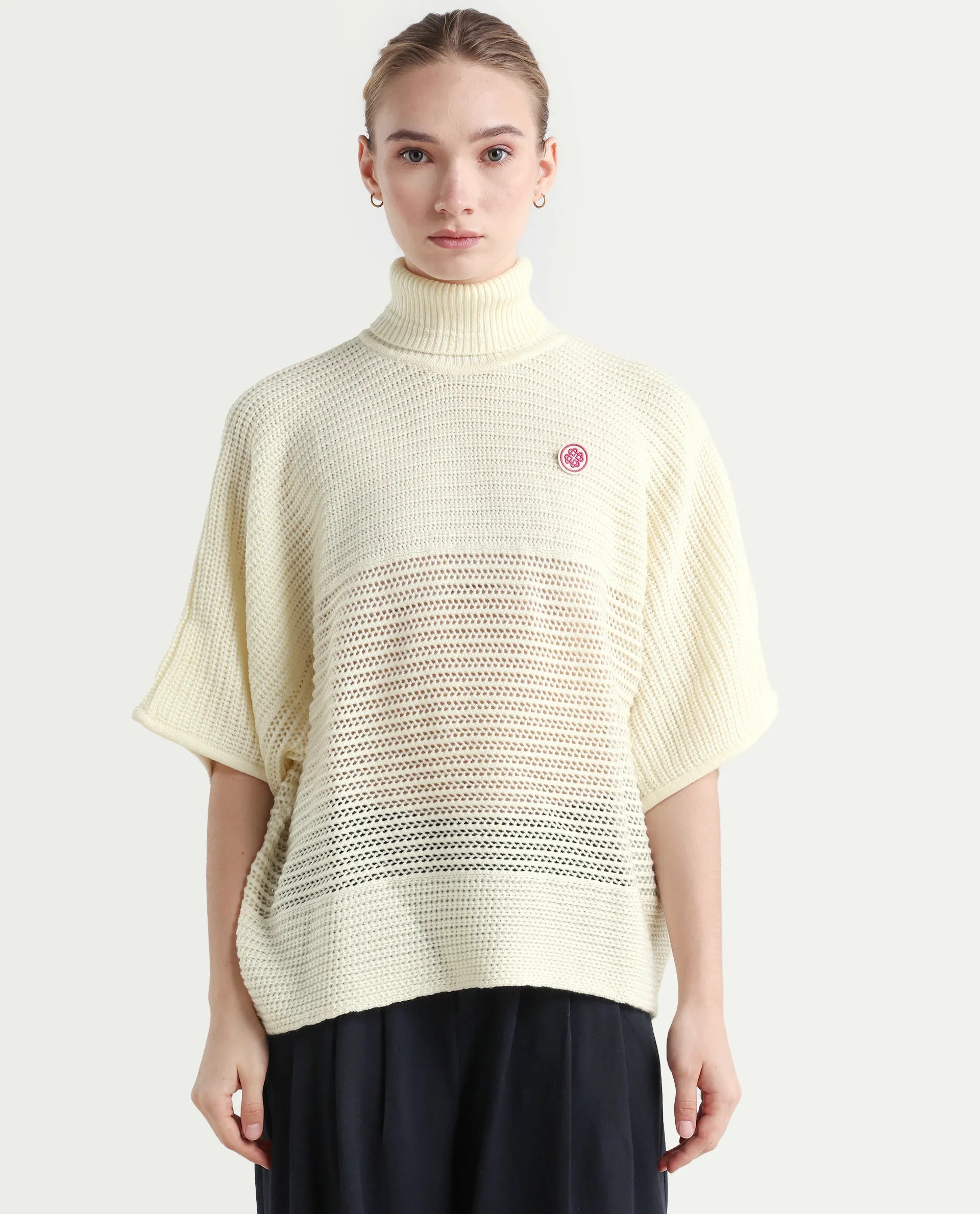 Rareism Women's Oaklen Off White Acrylic High Neck Plain Kimono Sleeve Relaxed Fit Sweater