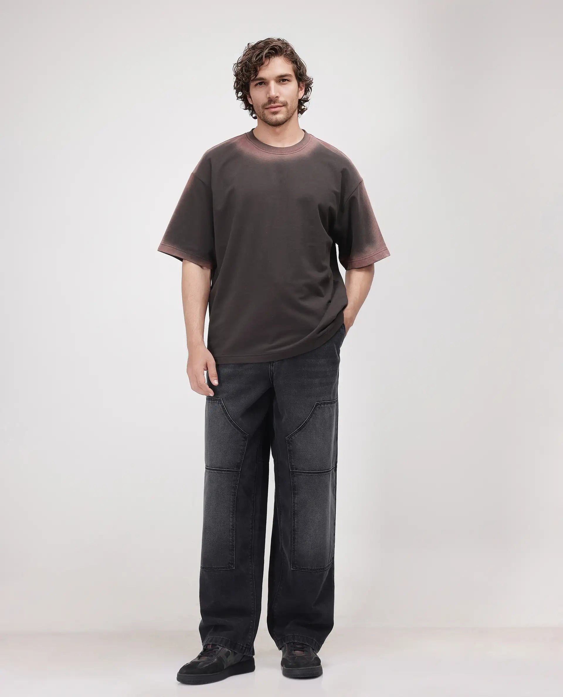 Rare Rabbit Men Oako Dark Brown Cotton Fabric Short Sleeve Crew Neck Oversized Fit Hd Print T-Shirt