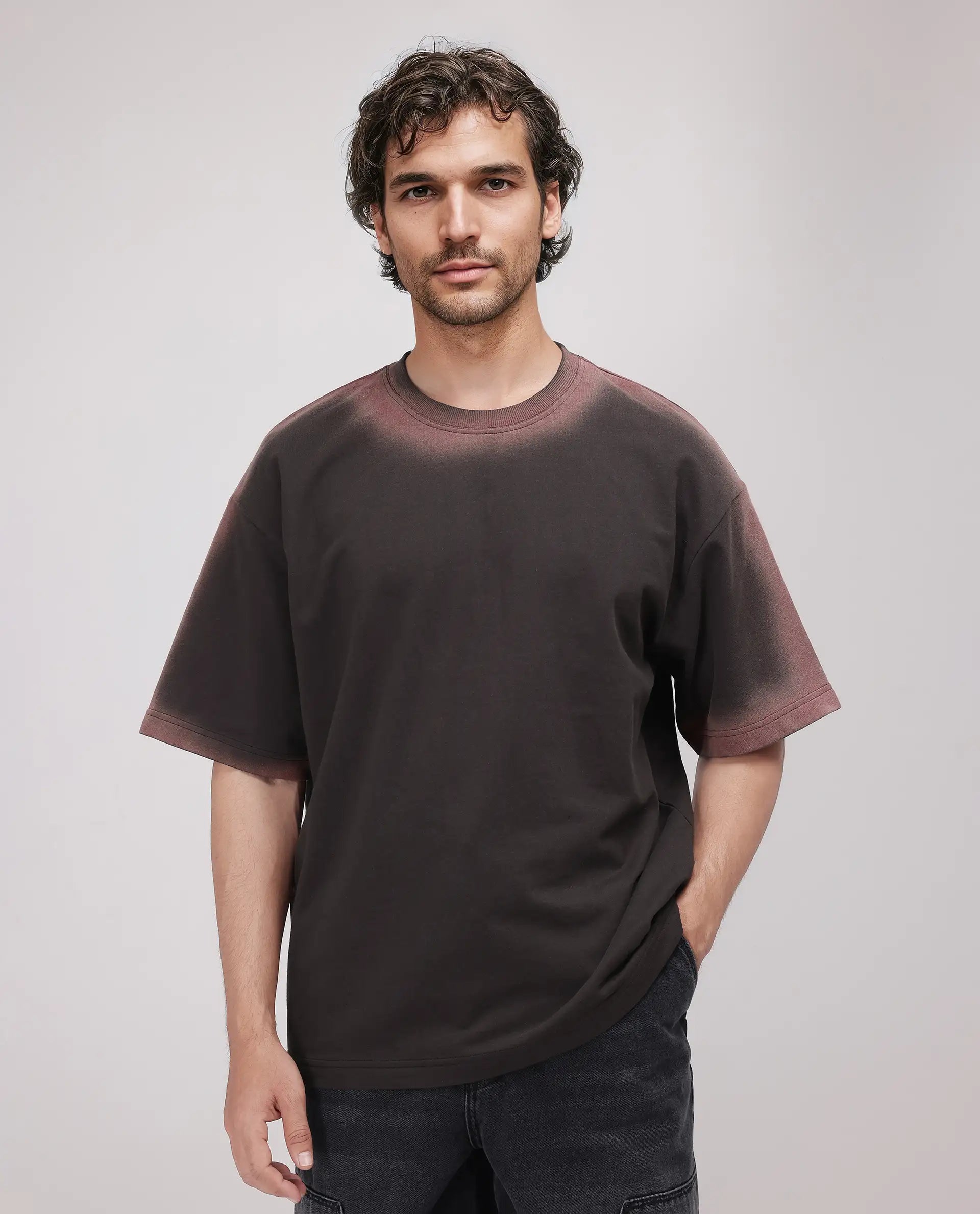 Rare Rabbit Men Oako Dark Brown Cotton Fabric Short Sleeve Crew Neck Oversized Fit Hd Print T-Shirt