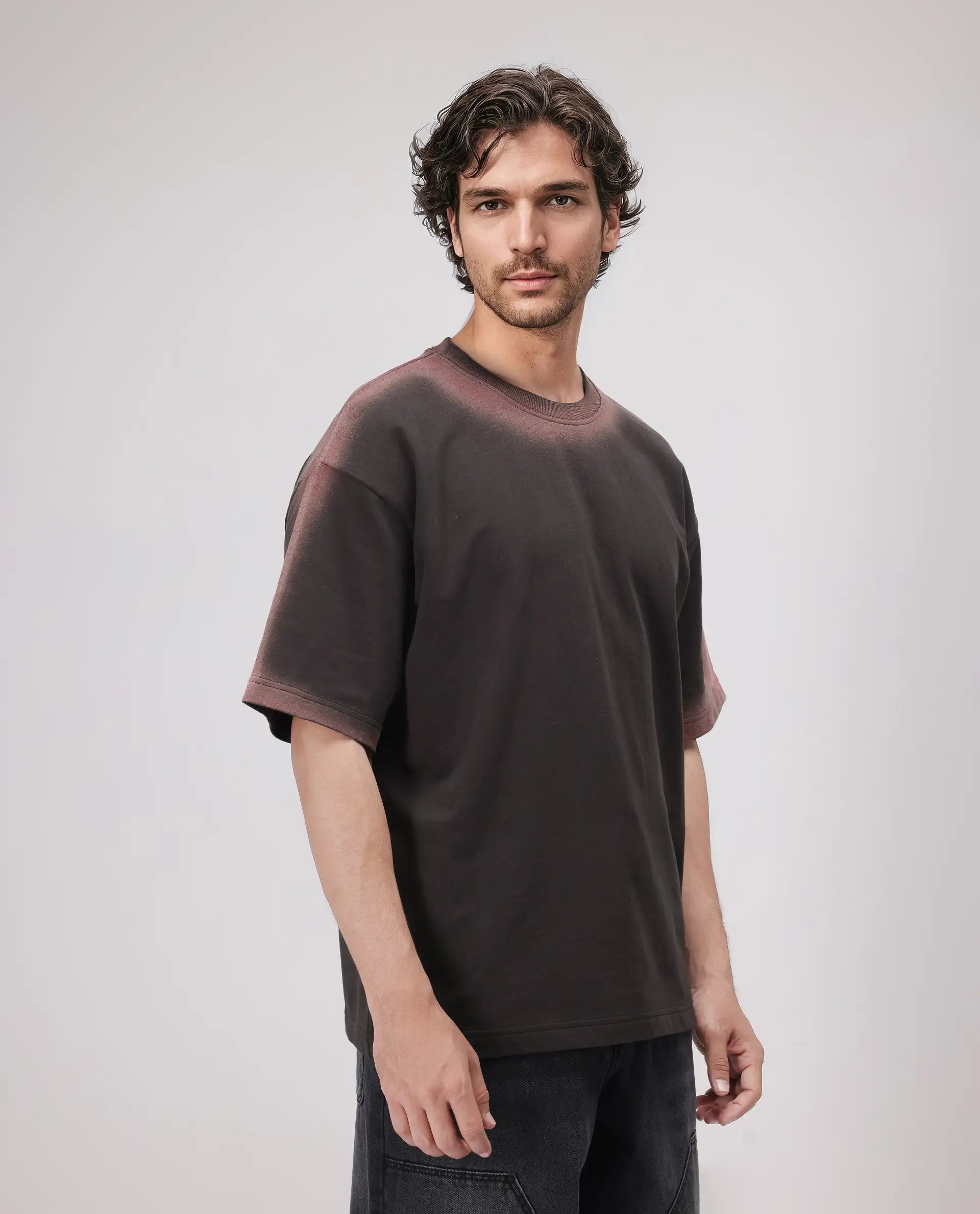 Rare Rabbit Men Oako Dark Brown Cotton Fabric Short Sleeve Crew Neck Oversized Fit Hd Print T-Shirt