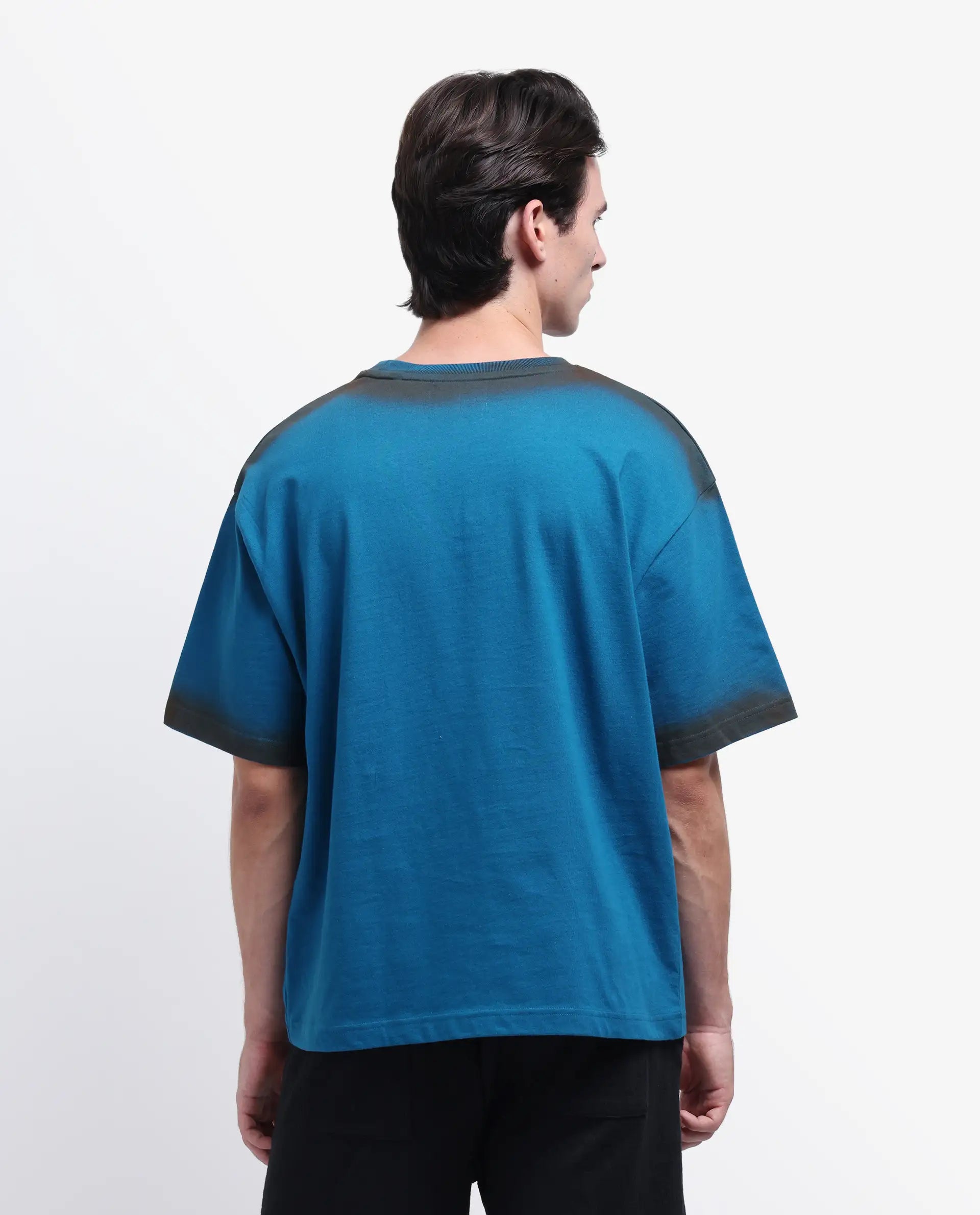 Rare Rabbit Men's Oakoe Petrol Cotton Graphic Print Oversized Fit Half Sleeve Crew Neck T-Shirt