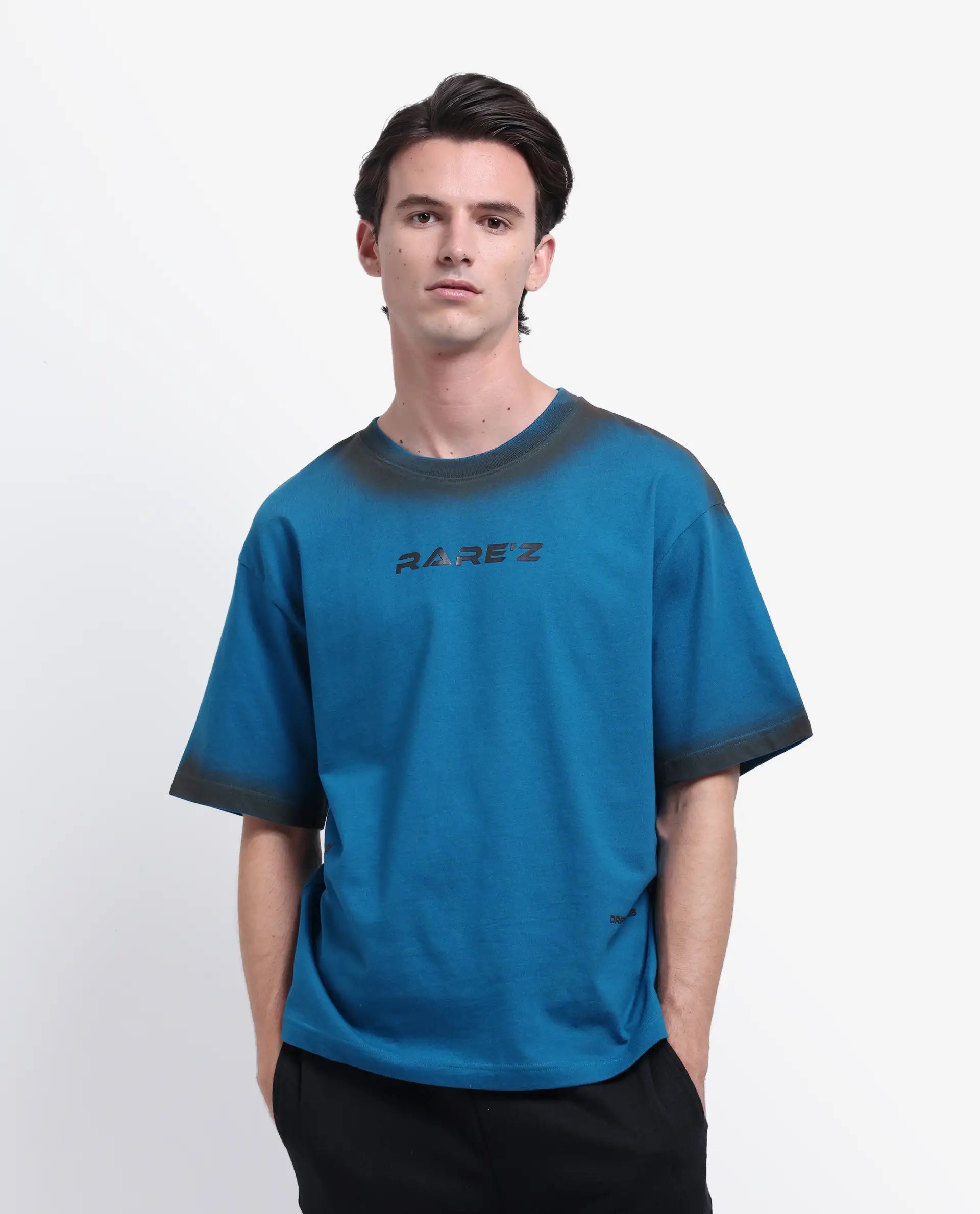 Rare Rabbit Men's Oakoe Petrol Cotton Graphic Print Oversized Fit Half Sleeve Crew Neck T-Shirt