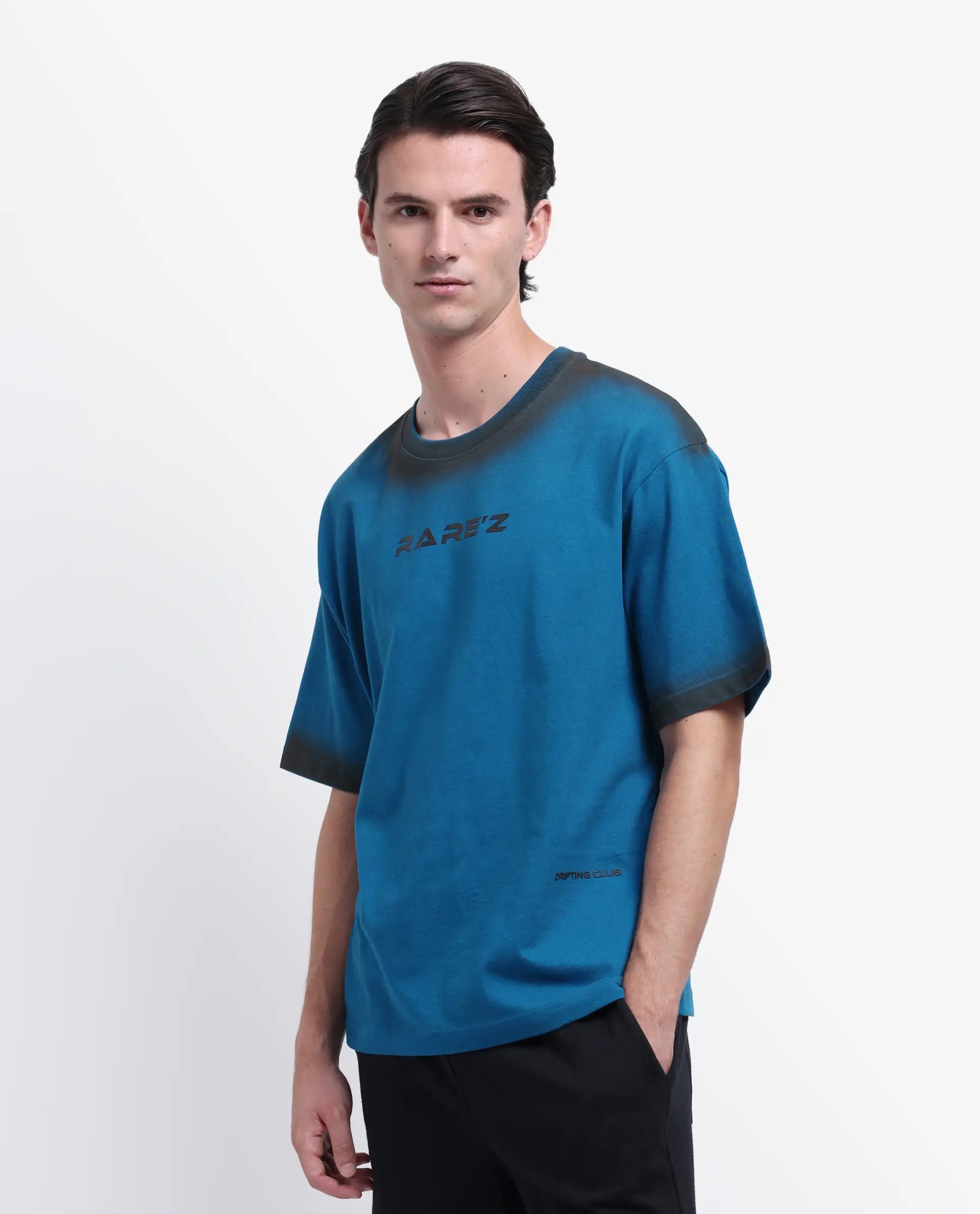 Rare Rabbit Men's Oakoe Petrol Cotton Graphic Print Oversized Fit Half Sleeve Crew Neck T-Shirt