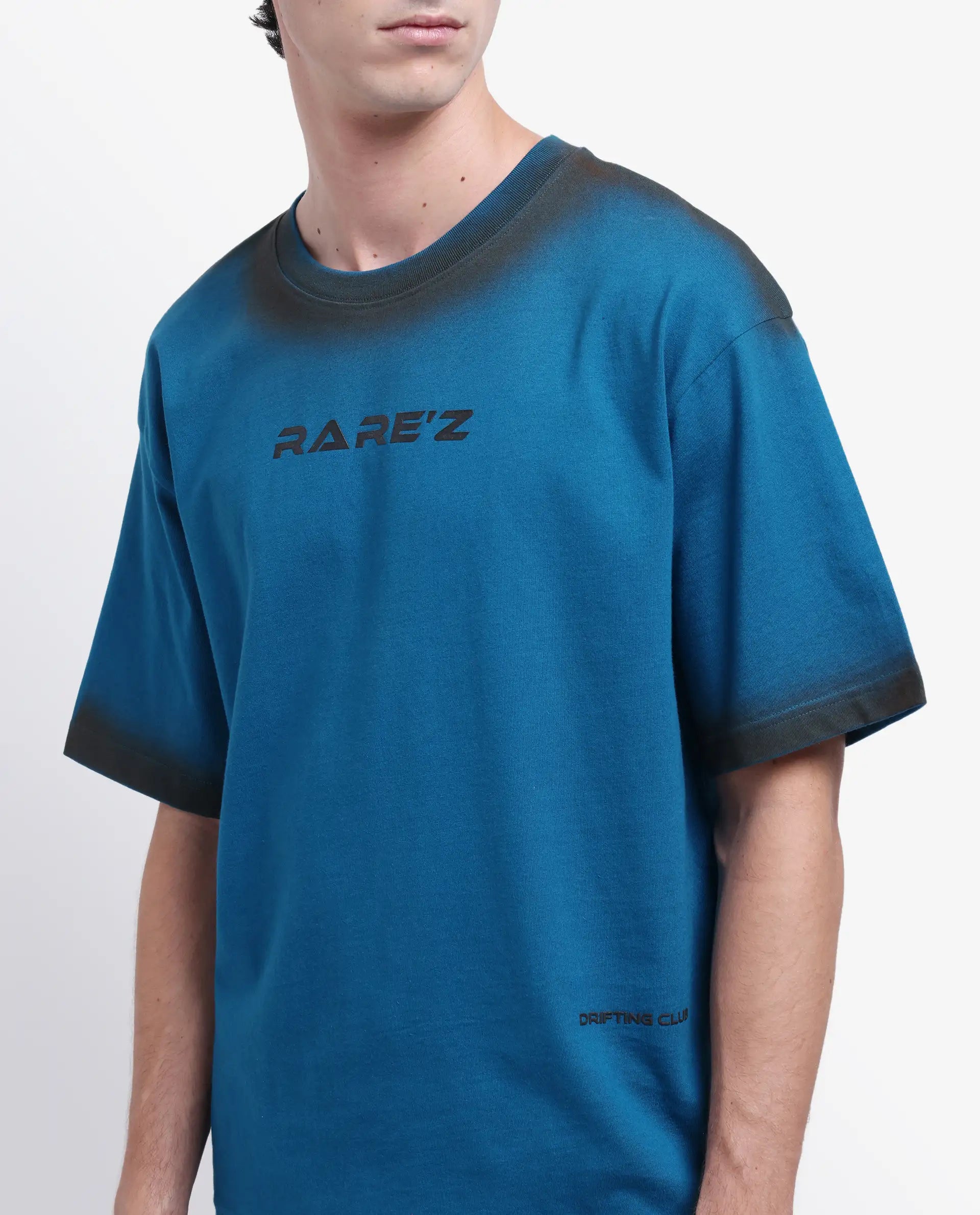 Rare Rabbit Men's Oakoe Petrol Cotton Graphic Print Oversized Fit Half Sleeve Crew Neck T-Shirt