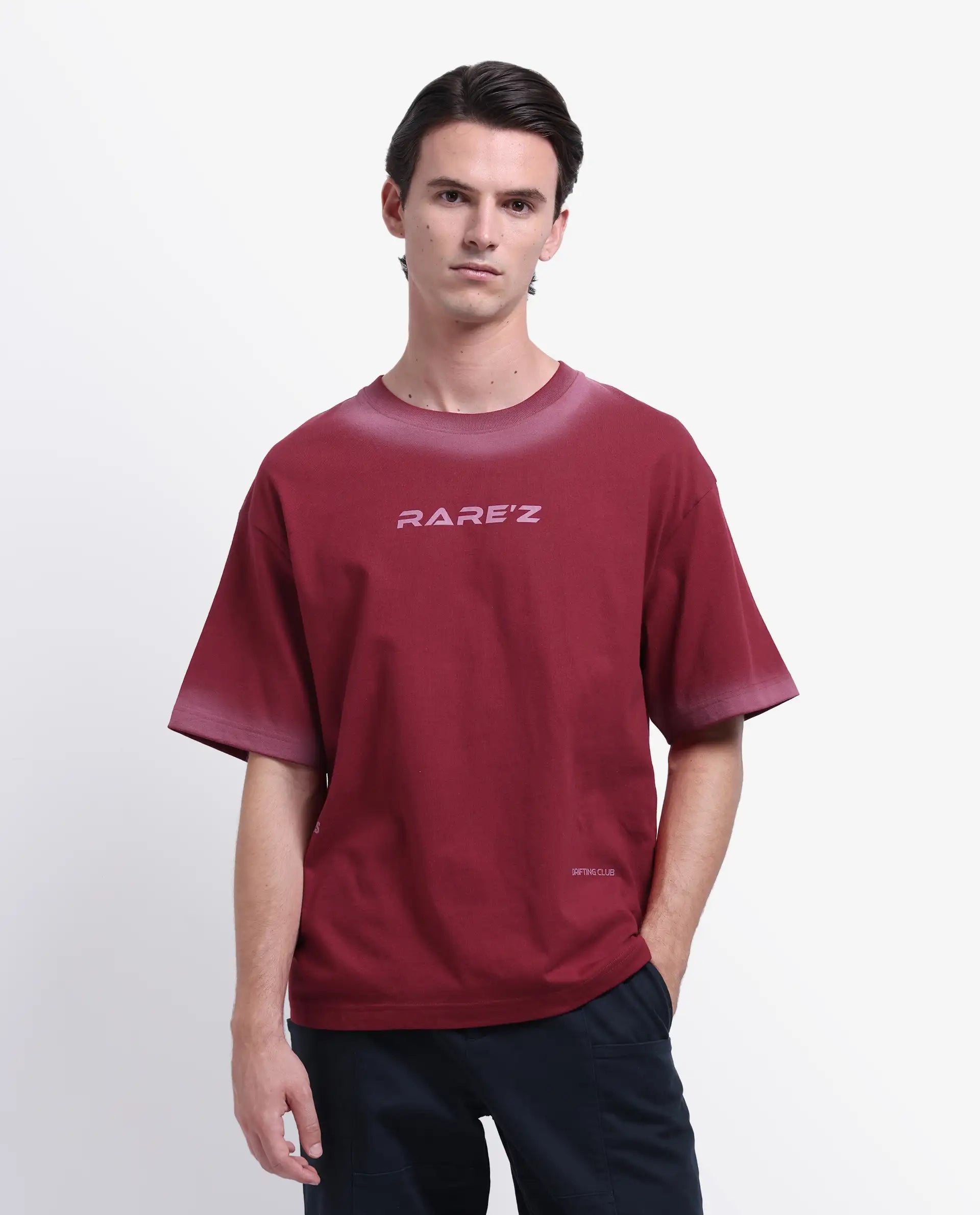 Rare Rabbit Men's Oakoe Dark Red Cotton Graphic Print Oversized Fit Half Sleeve Crew Neck T-Shirt