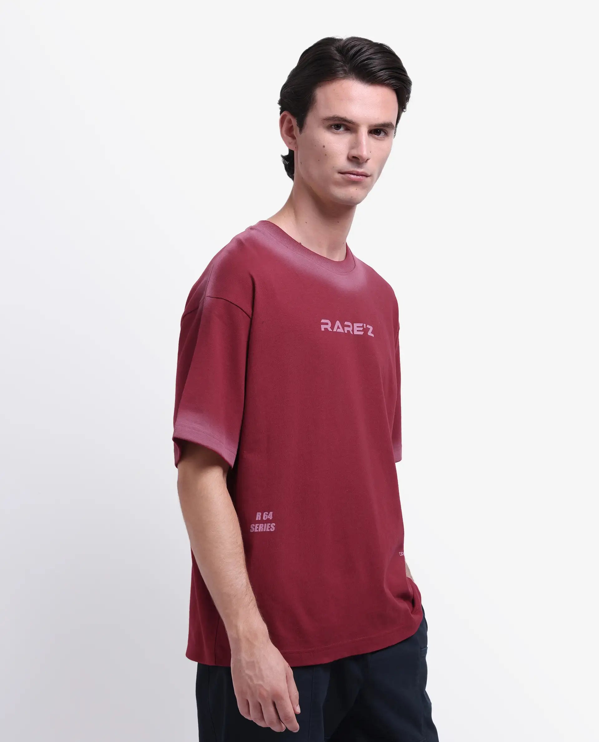 Rare Rabbit Men's Oakoe Dark Red Cotton Graphic Print Oversized Fit Half Sleeve Crew Neck T-Shirt