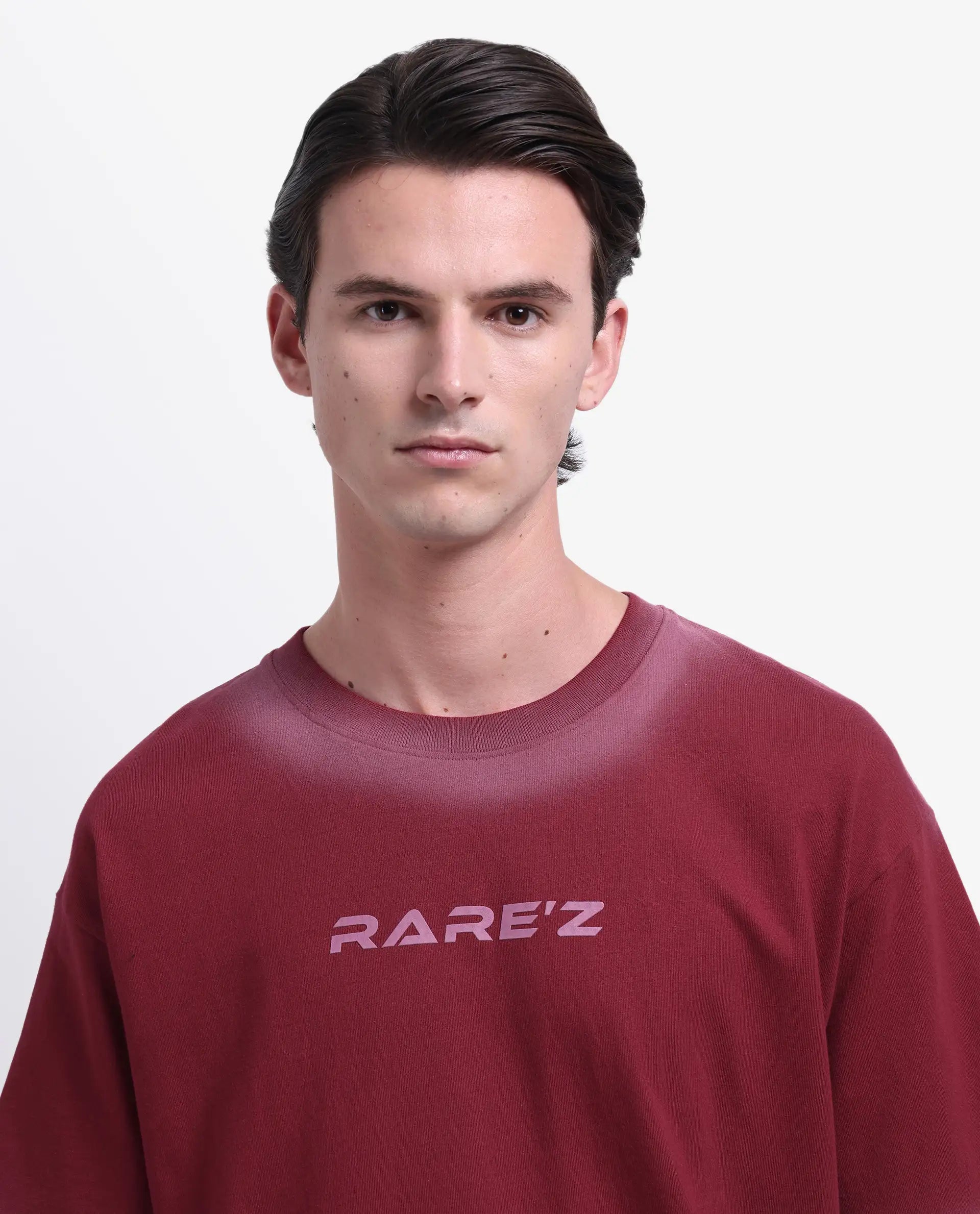 Rare Rabbit Men's Oakoe Dark Red Cotton Graphic Print Oversized Fit Half Sleeve Crew Neck T-Shirt