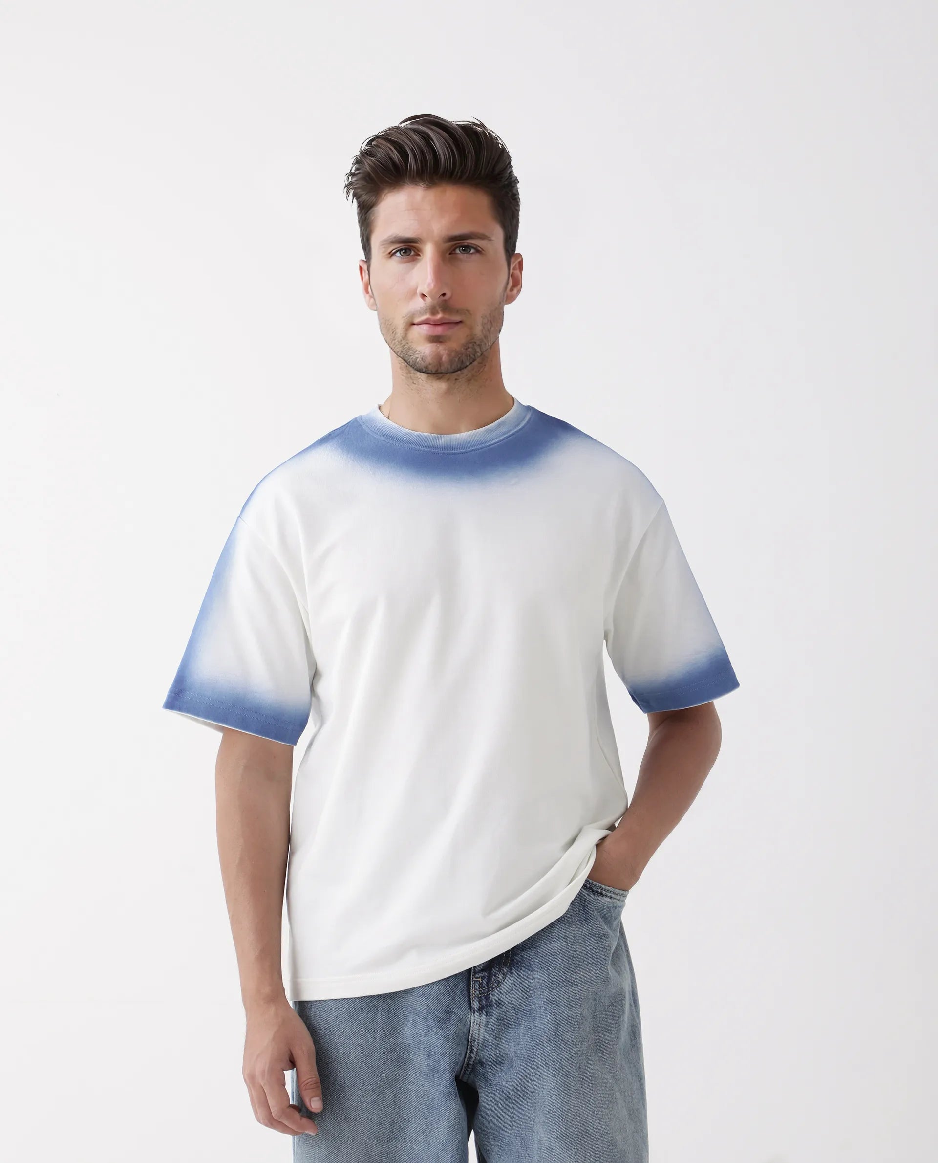 Rare Rabbit Men's Oako Off White Cotton Hd Print Oversized Fit Half Sleeve Crew Neck T-Shirt