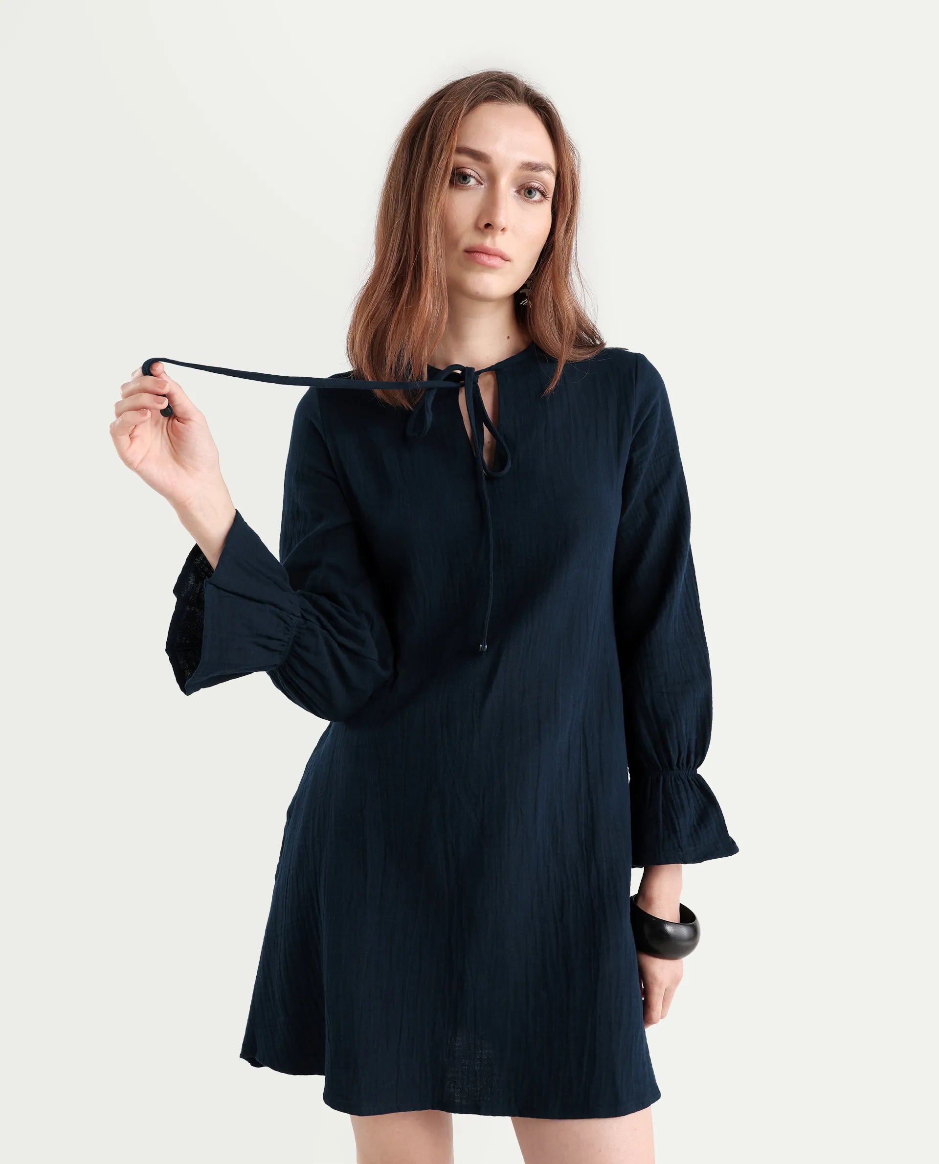 Rareism Women's Oberon Navy Cotton Tie-Up Neck Plain Bishop Sleeve Mini A-Line Dress