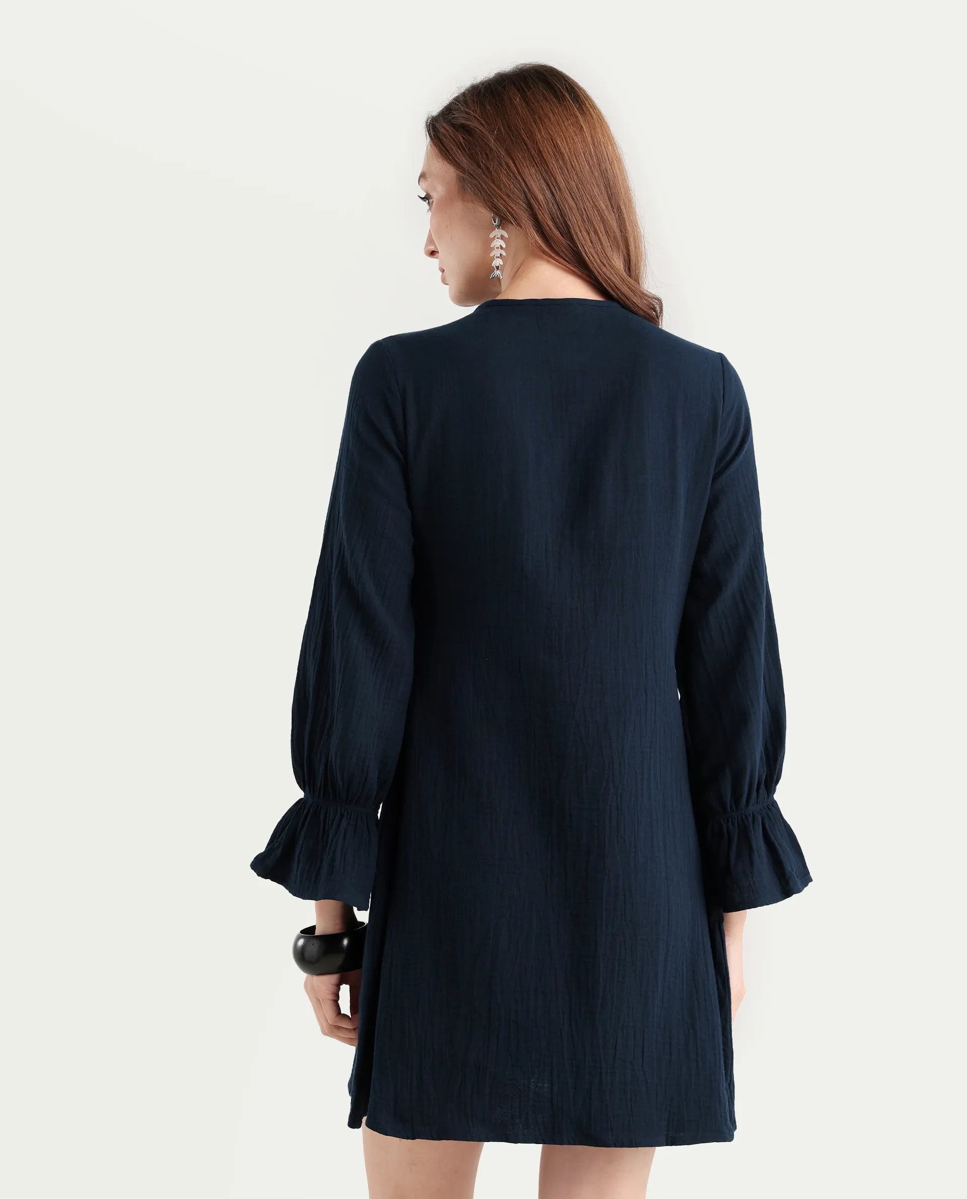 Rareism Women's Oberon Navy Cotton Tie-Up Neck Plain Bishop Sleeve Mini A-Line Dress