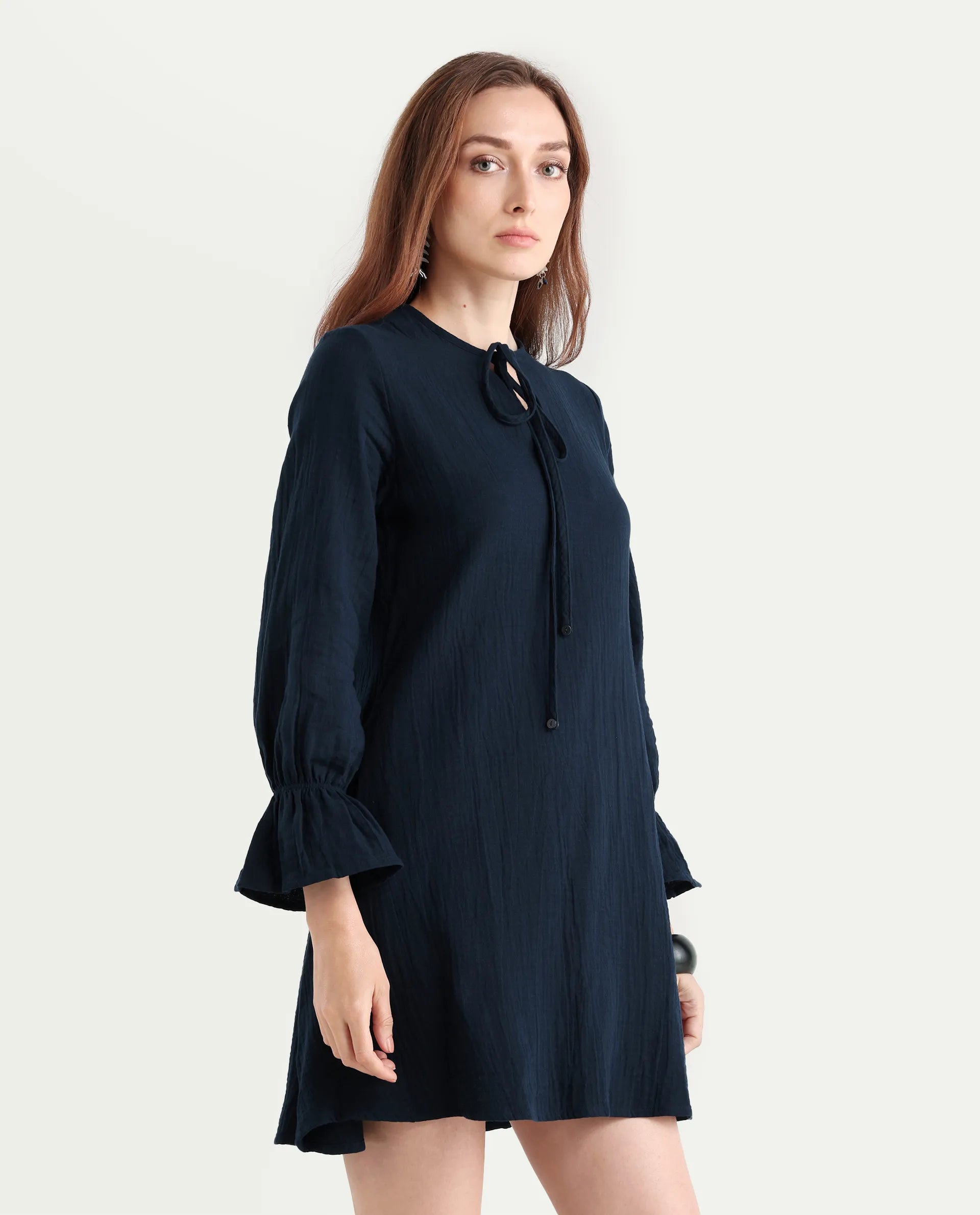 Rareism Women's Oberon Navy Cotton Tie-Up Neck Plain Bishop Sleeve Mini A-Line Dress