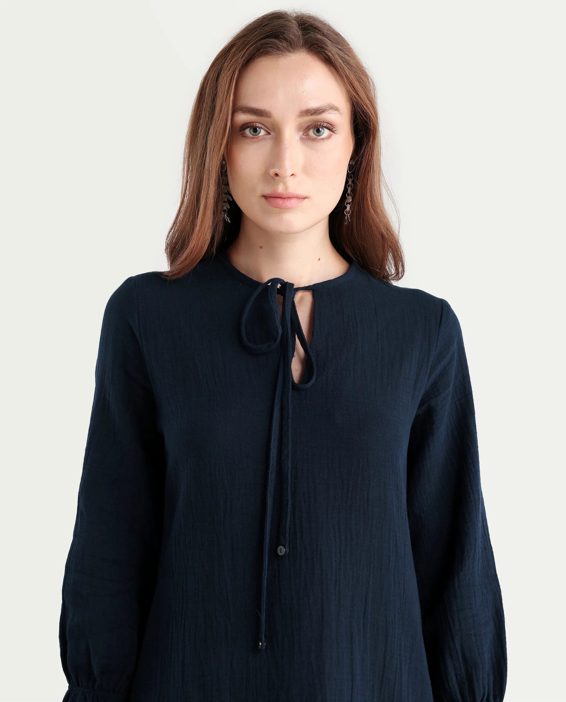 Rareism Women's Oberon Navy Cotton Tie-Up Neck Plain Bishop Sleeve Mini A-Line Dress