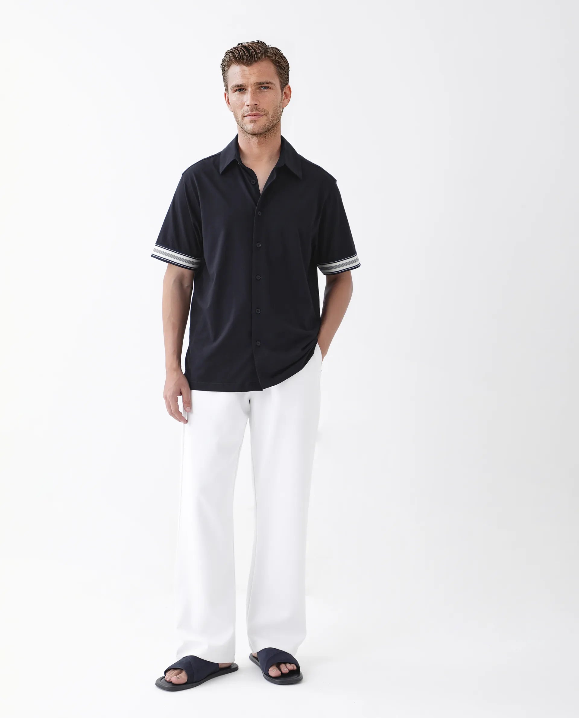 Rare Rabbit Men's Oble Dark Navy Cotton Blend Striped Print Relaxed Fit Half Sleeve Collared Shirt