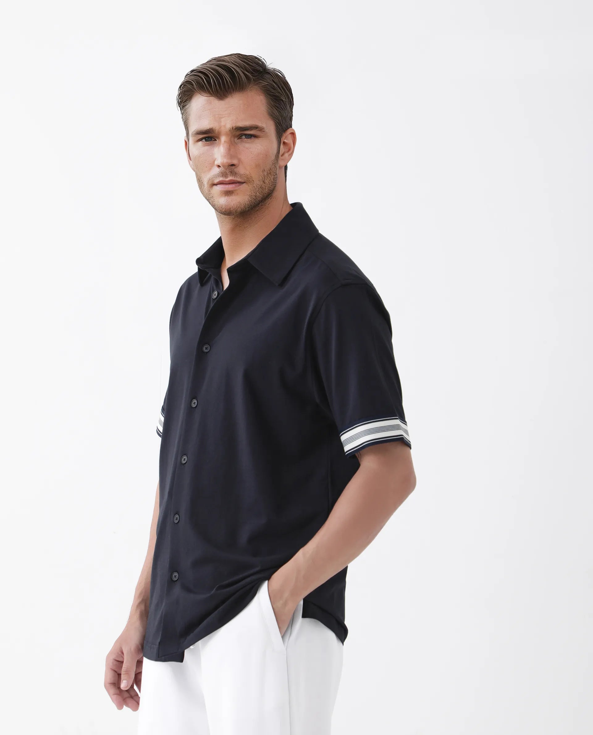 Rare Rabbit Men's Oble Dark Navy Cotton Blend Striped Print Relaxed Fit Half Sleeve Collared Shirt