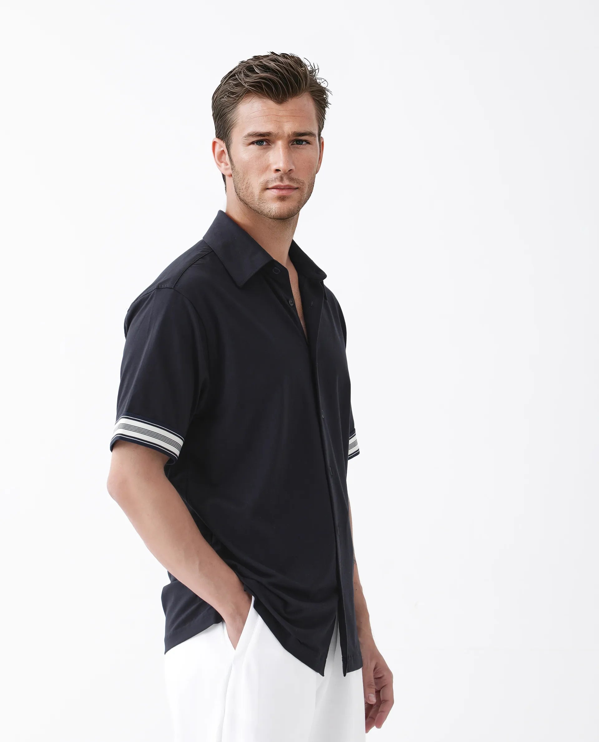 Rare Rabbit Men's Oble Dark Navy Cotton Blend Striped Print Relaxed Fit Half Sleeve Collared Shirt